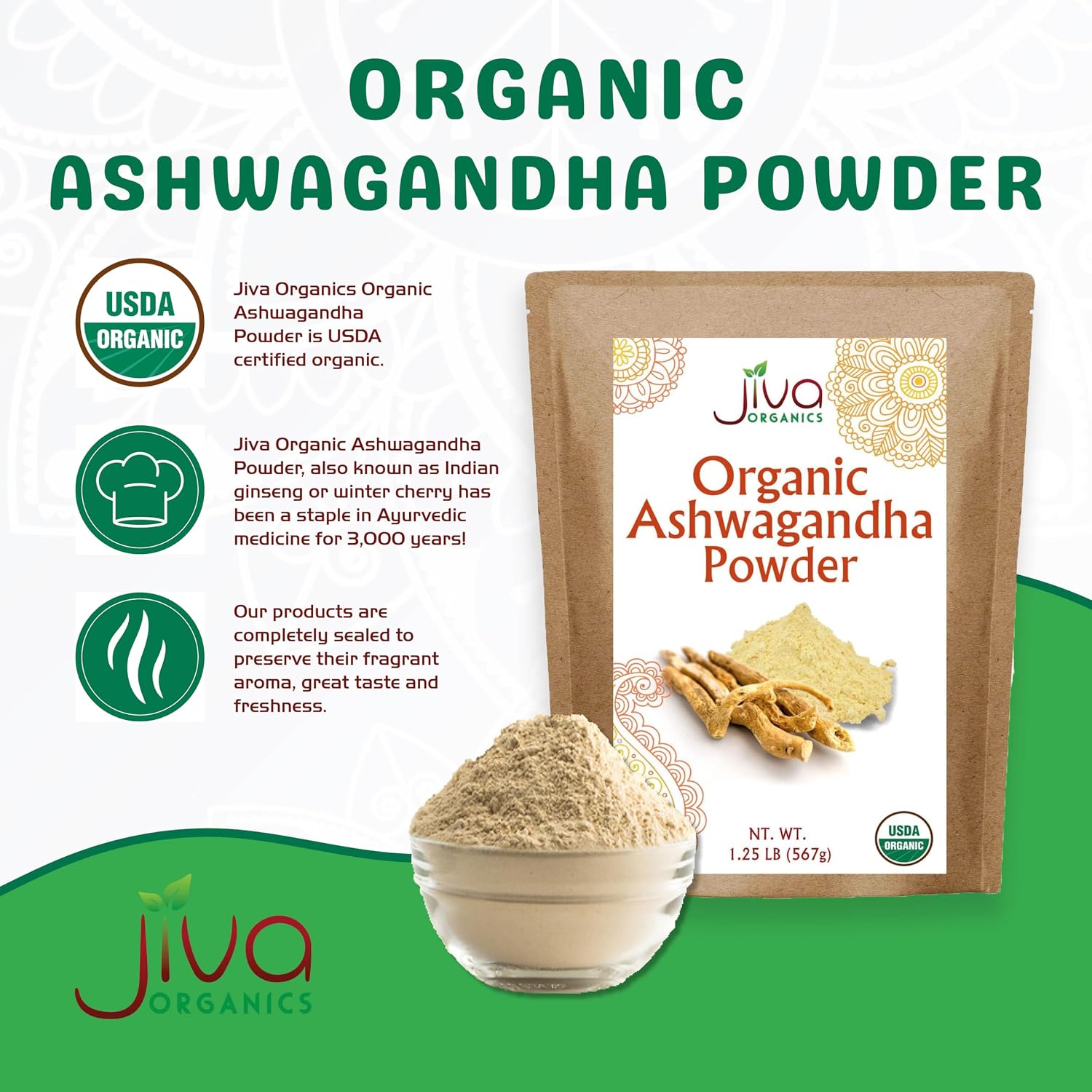 Jiva Organics Ashwagandha Root Powder 1.25 Pound (20oz) - Gluten Free, Indian Ginseng, Raw, Pure, Non-GMO, Lab Tested Ayurvedic Indian Powder