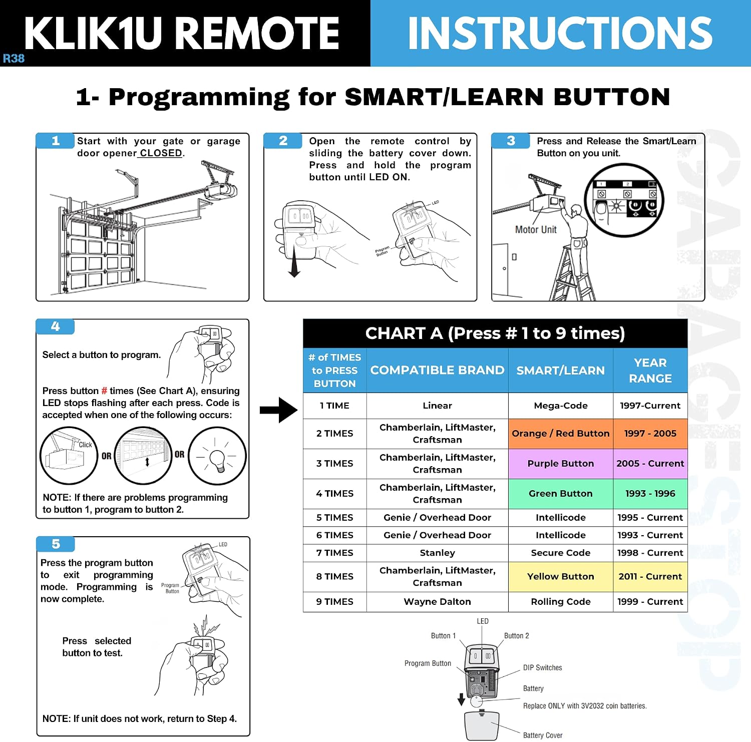 2X Universal Garage Door Opener Remote KLIK1U 375UT 375LM Garage Clicker