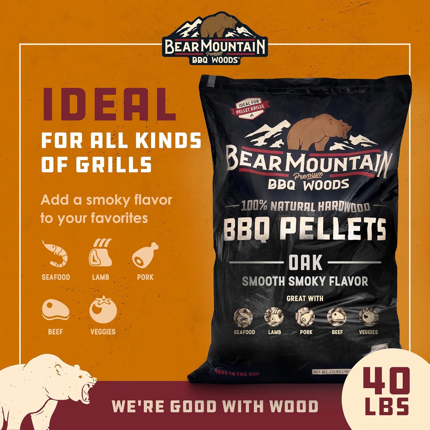 Bear Mountain Gourmet Blend Pellets for Smoker and Grill, 40lb Bag