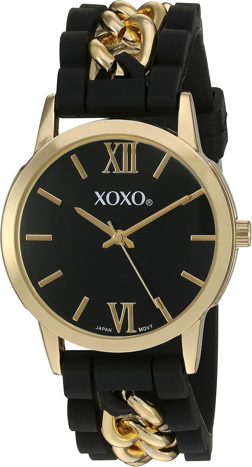 XOXO Women's Gold-Tone Quartz Watch with Black Silicone Strap, Elegant Gold Chain Links, Roman Numeral Dial, Analog Display, Stylish Fashion Accessory