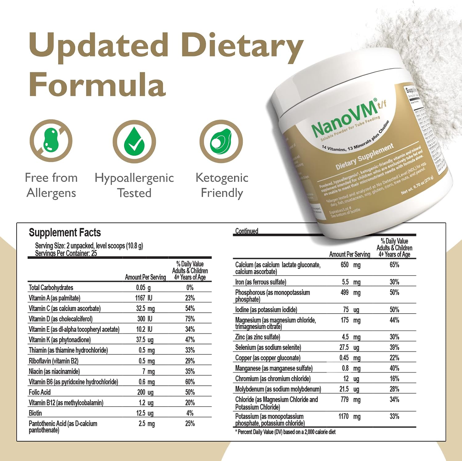 1-3 Years, Allergen-Free Multivitamin for Kids, Unflavored Dietary Supplement, Powdered Supplement with 14 Vitamins & 13 Minerals, Low-Carbohydrate Toddler Vitamins, 275g - Solace Nutrition