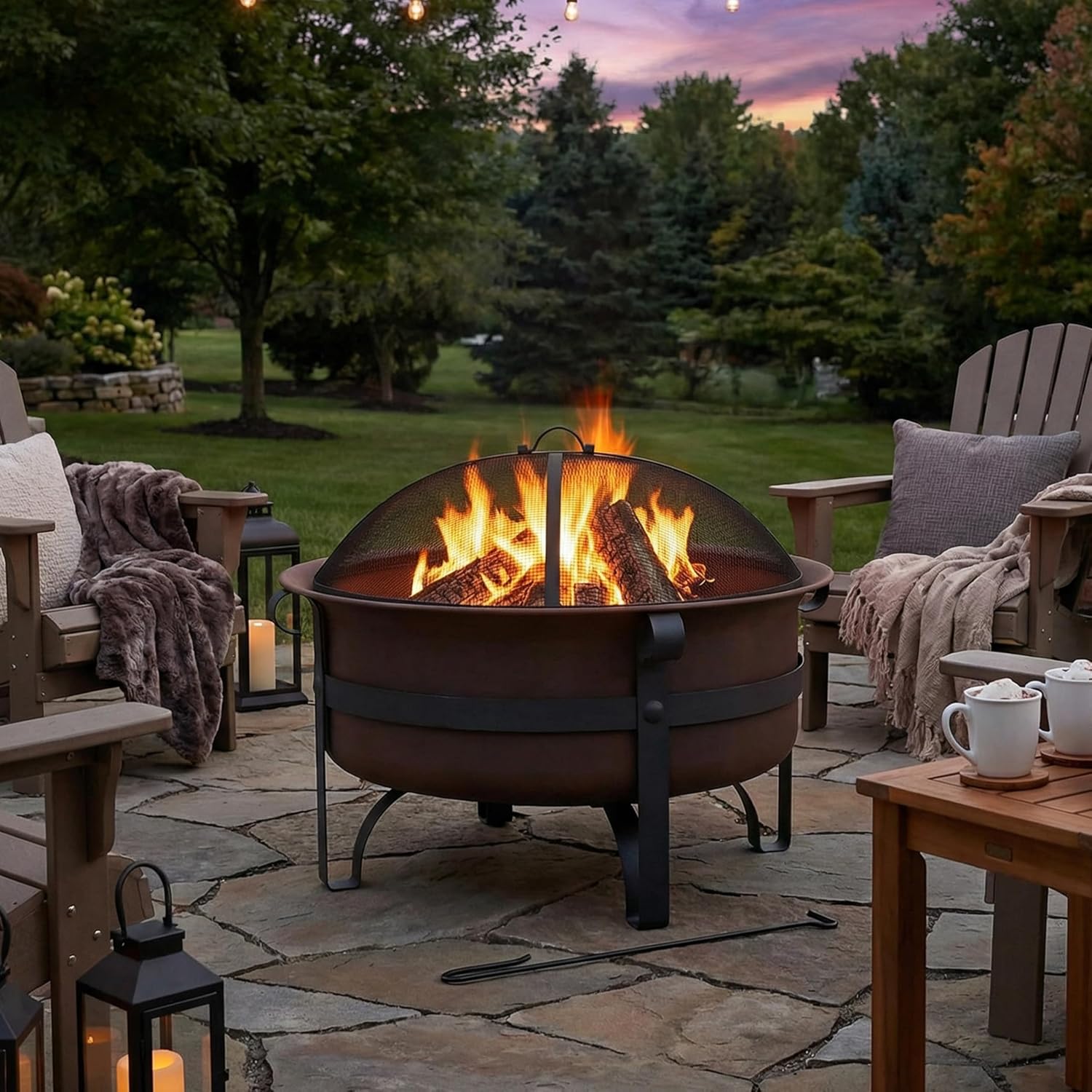 Sunnydaze Round Patio Fire Pit for Outside Wood Burning, Dark Bronze, 29"