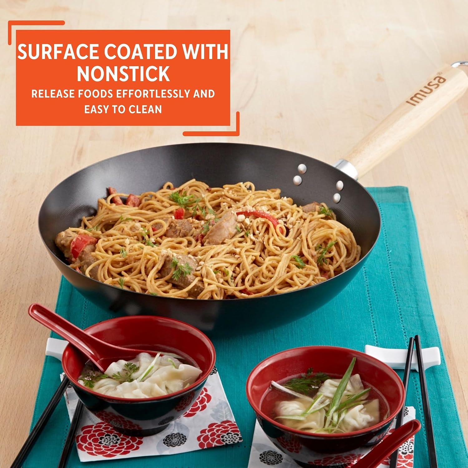IMUSA 9.5 Inch Carbon Steel Nonstick Wok with Cool-touch Handle, Black | Cool-Touch Handle, Ideal for Stir Fry, Great for Everyday Meals