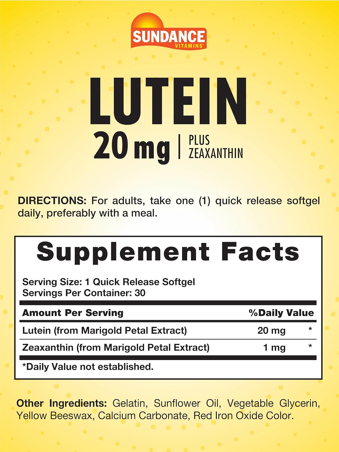 Sundance Lutein 20mg | 30 Softgels | with Zeaxanthin | Non-GMO and Gluten Free Supplement | Non-GMO and Gluten Free Supplement