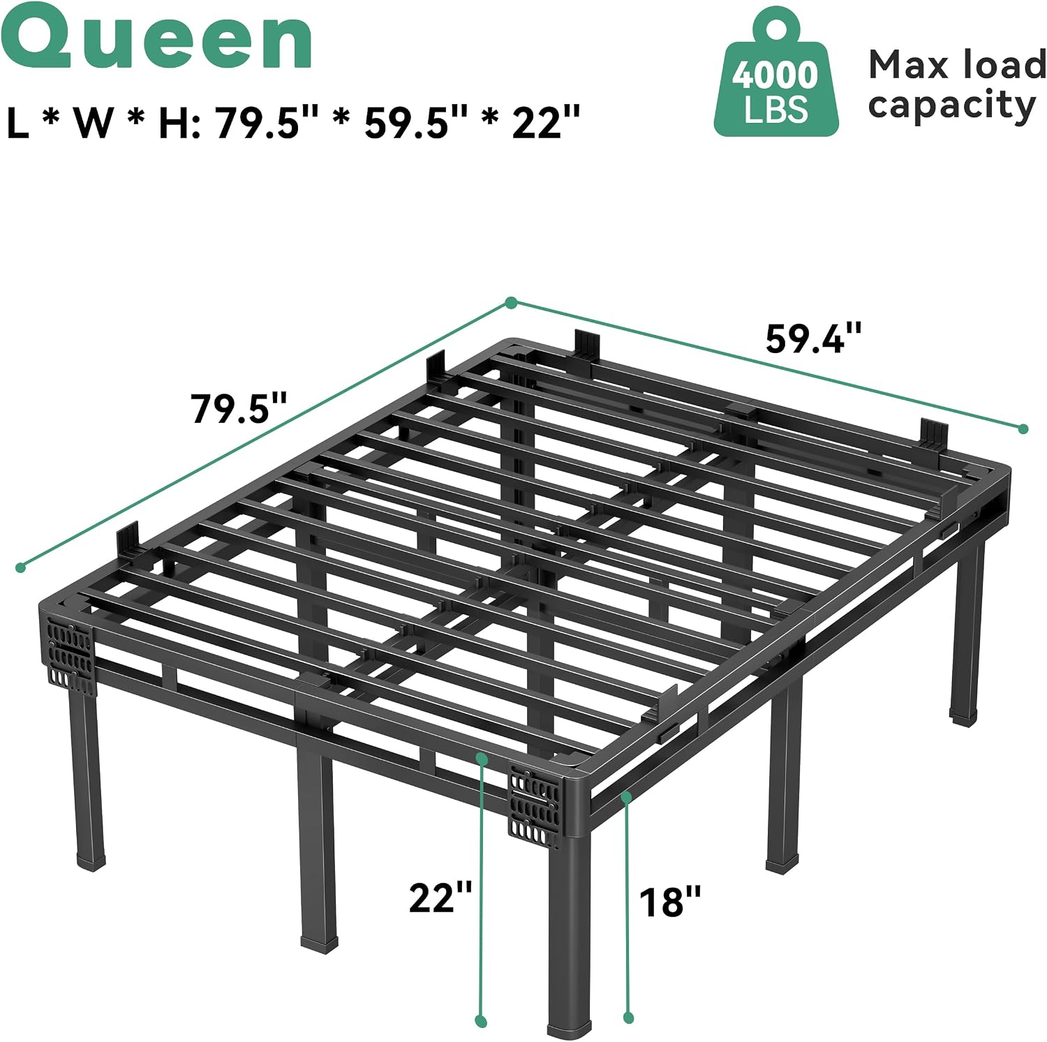 Superay 24 inch HIgh Queen Bed Frame with Rounded Legs, Double Layer Design | Metal Bed Frame & Box Spring 2 in 1 High Platform with Matress Gasket & headboard Adapter, Heavy Duty Support 4000lbs, Black