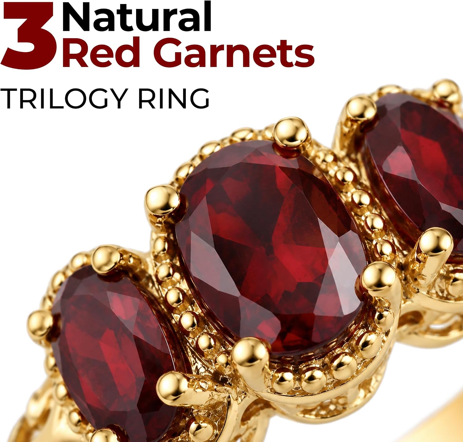 3 Stone Garnet Ring Silver with 14K Gold Plating January Birthstone Ring