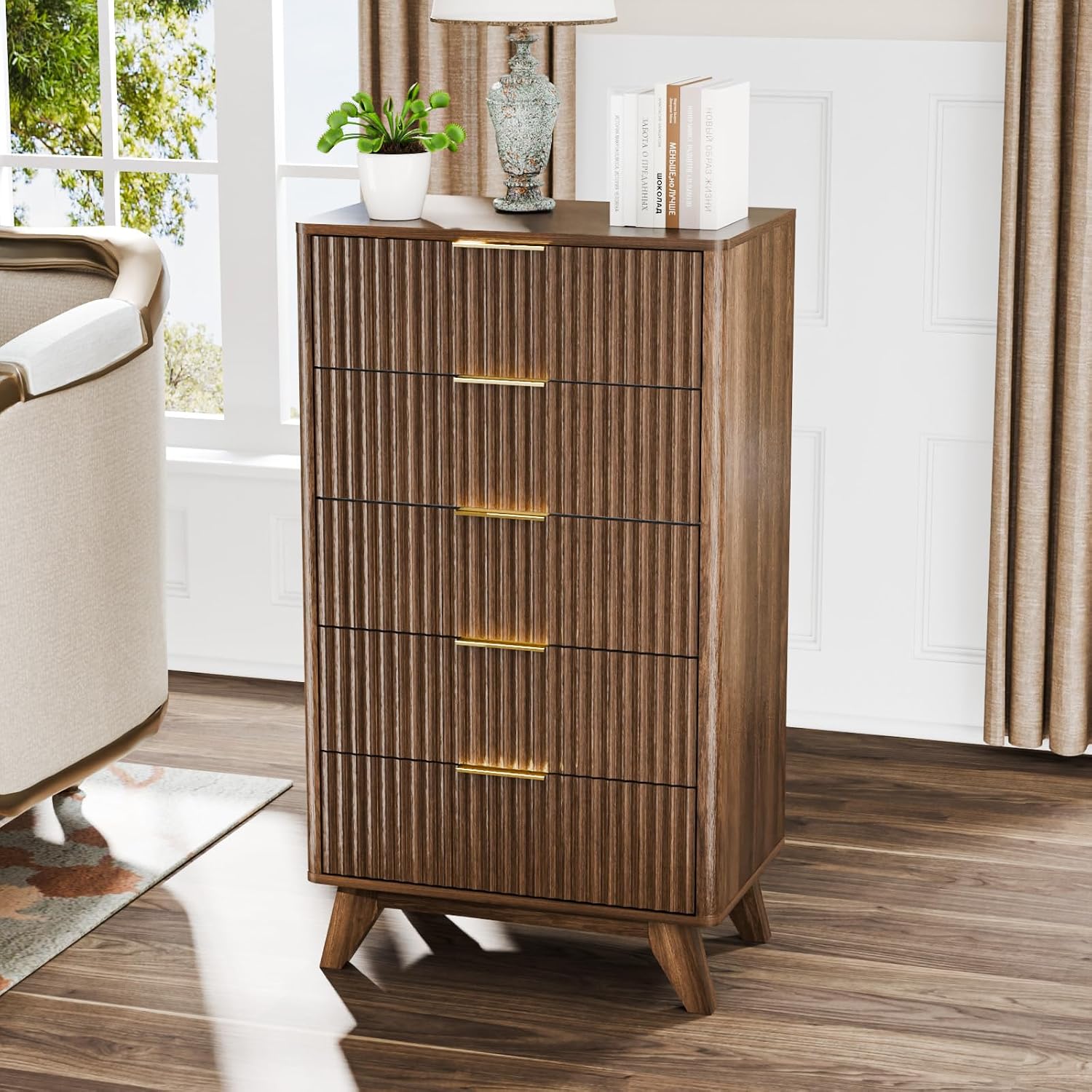 VINGLI Fluted Tall Dresser 5 Drawer, 23.66" W Chest of Drawers Gray Wood Dresser with Rounded Edges, Grey Dressers for Bedroom