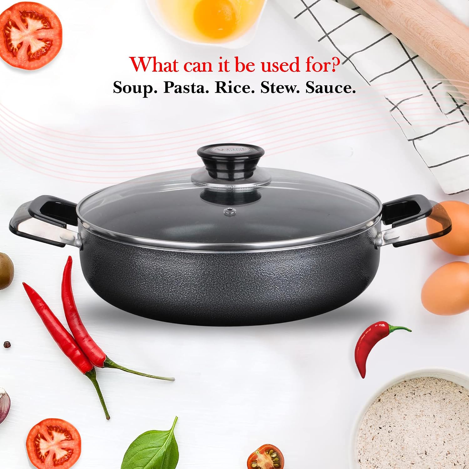 Alpine Cuisine 4 Quart Non-stick Stock Pot with Tempered Glass Lid and Carrying Handles, Multi-Purpose Cookware Aluminum Dutch Oven for Braising, Boiling, Stewing