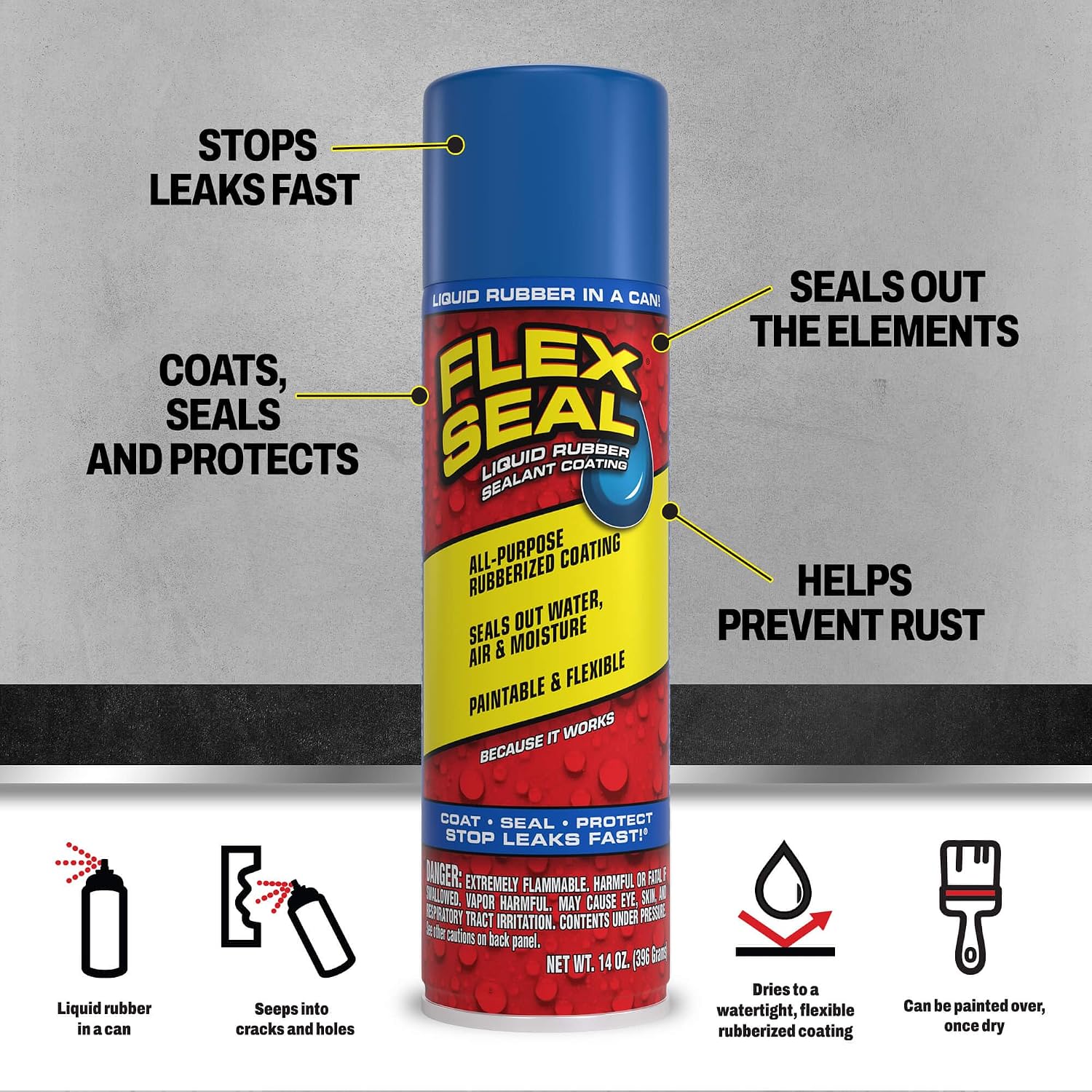 Flex Seal, 14 oz, 2-Pack, Black, Stop Leaks Instantly, Waterproof Rubber Spray On Sealant Coating, Perfect for Gutters, Wood, RV, Campers, Roof Repair, Skylights, Windows, and More