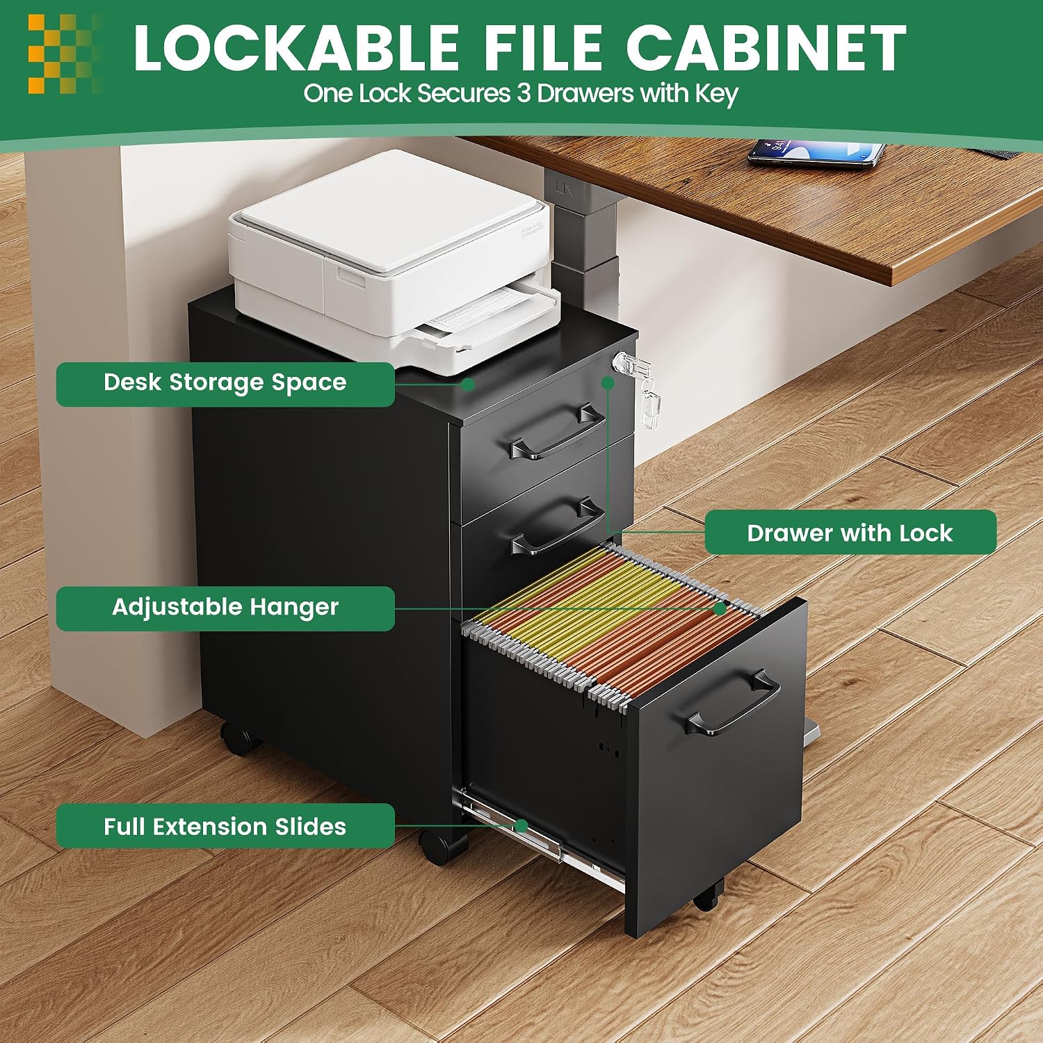 3 Drawer File Cabinet with Lock,Mobile Lateral Filing Cabinet with Side Hook for Letters/Legal/A4, Metal Printer Stand Storage Cabinets with Shelves for Home Office(Black)