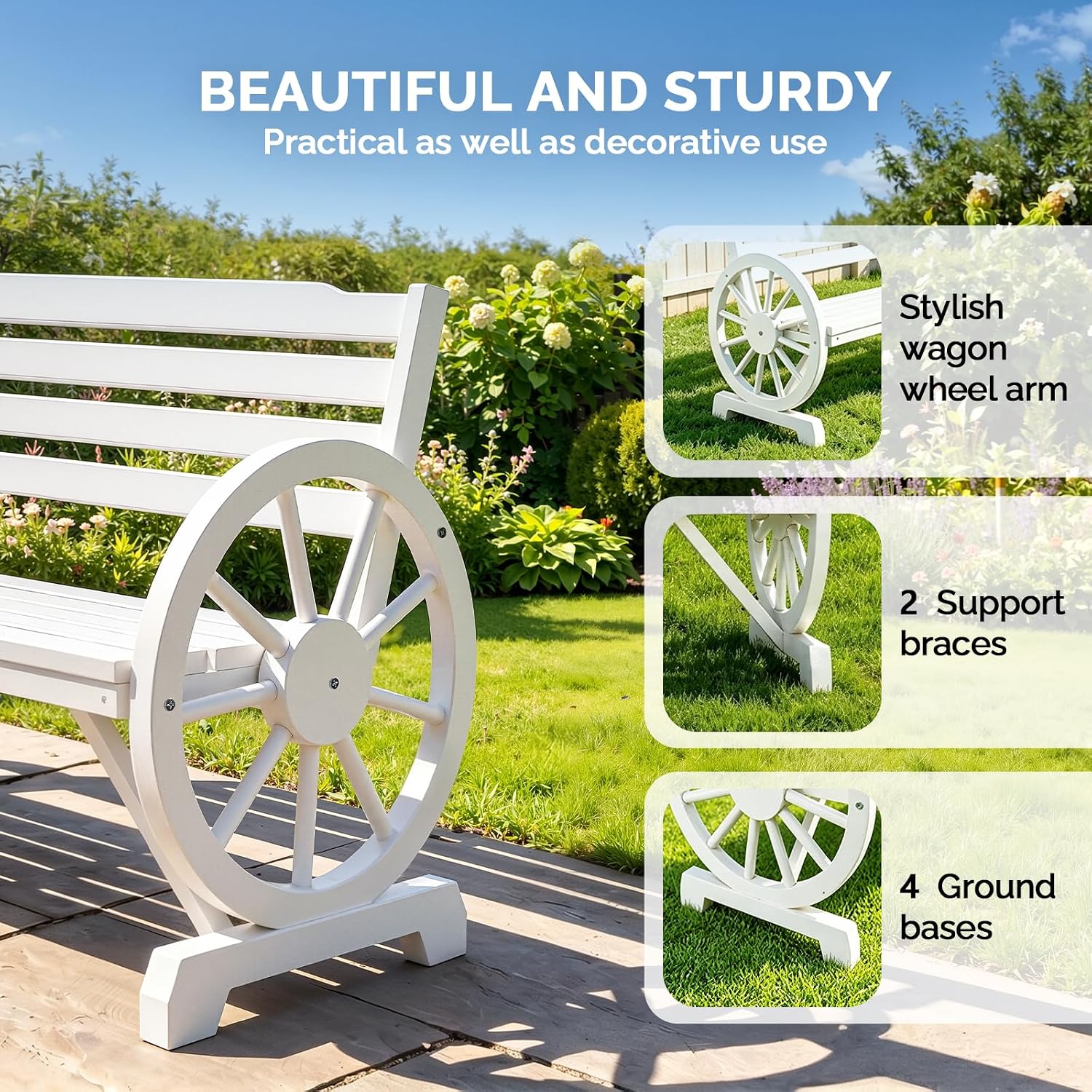 VINGLI Rustic Wooden Wheel Bench Outdoor Bench, Patio Bench Wagon Slatted Seat, Garden Benches for Outdoors 350lbs High Capacity