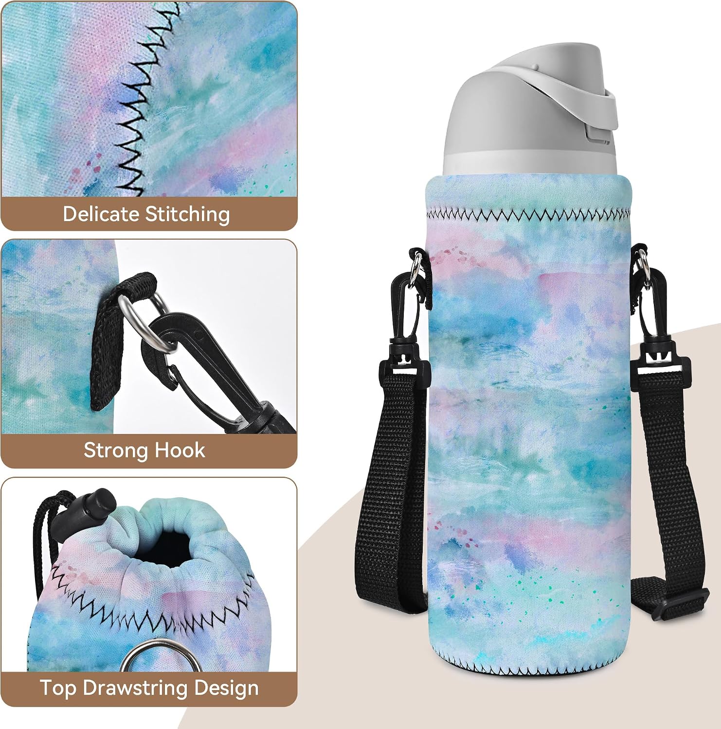 RICHEN Neoprene Water Bottle Carrier Bag with Adjustable Shoulder Strap,Insulated Water Bottle Cover for Stainless Steel/Glass/Plastic Bottles