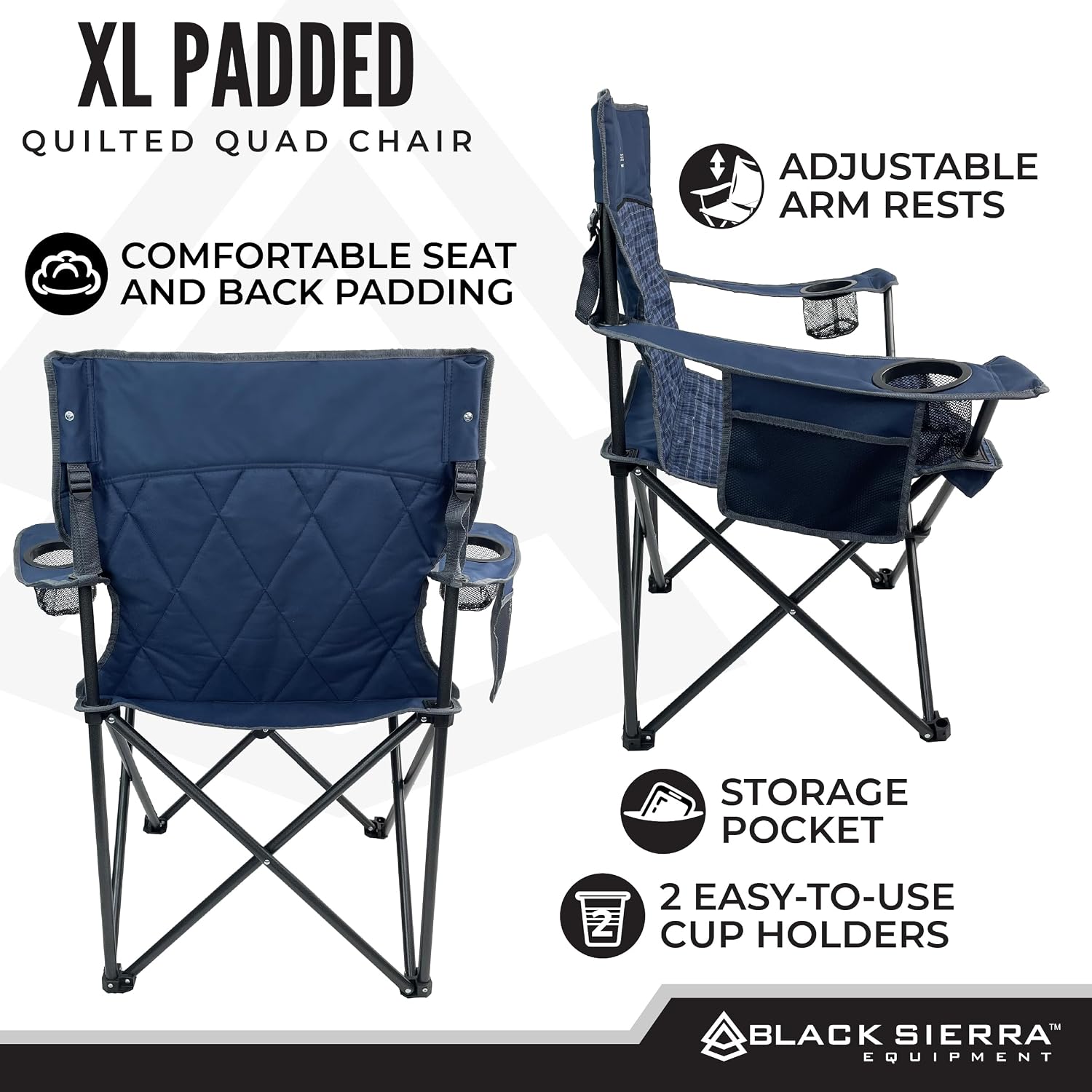 Black Sierra Quilted Padded Camping Chair, Oversized Heavy Duty Outdoor Lounge Seat Supports 300 lbs, Portable, Folding with Cup Holder for Beach, Tailgating, Sports, Patio