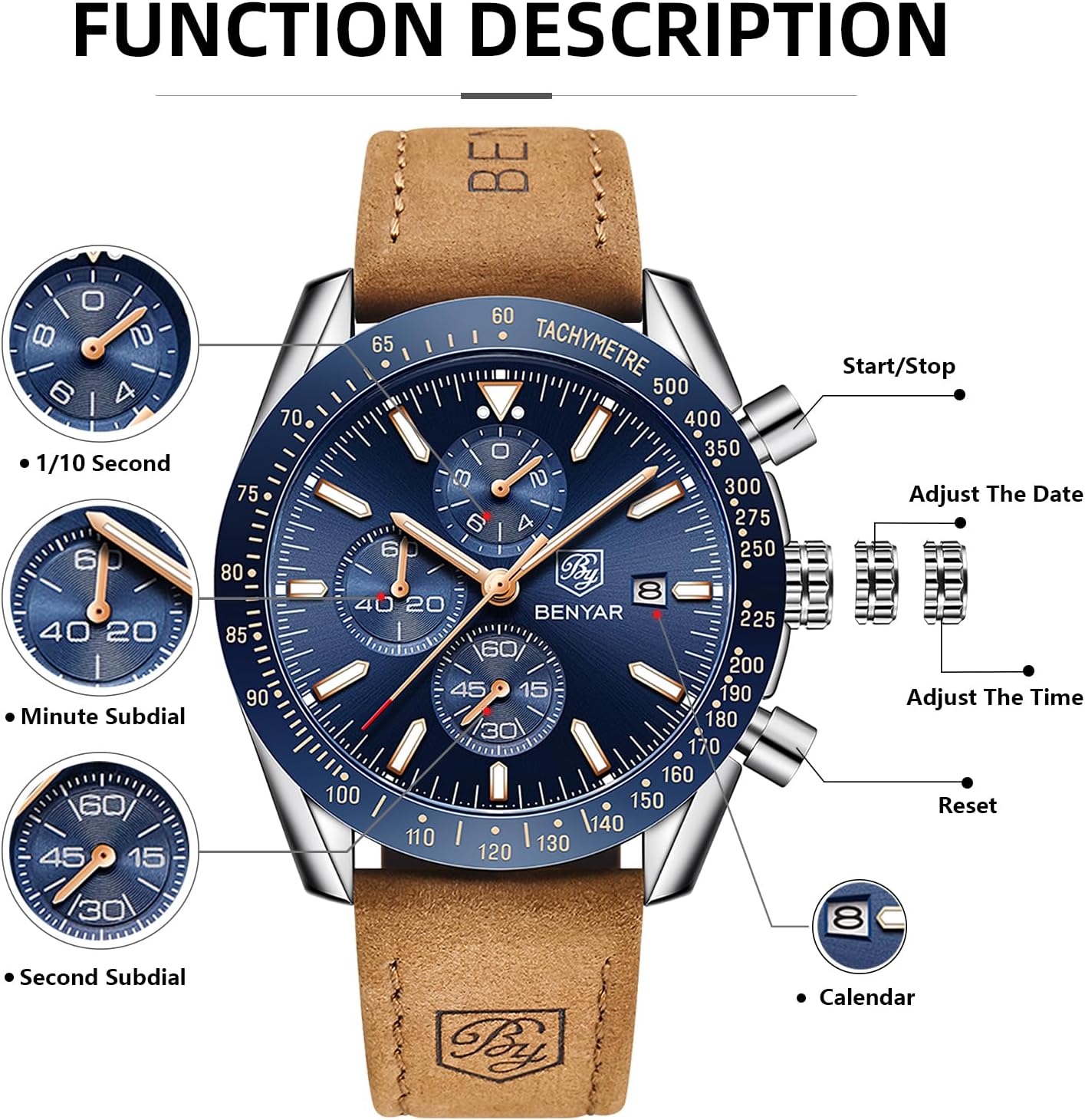 BENYAR Watch for Men Analog Quartz Chronograph Waterproof Luminous Designer Mens Wrist Watches Business Work Sport Casual Dress Watch with Silicone Strap Elegant Gifts for Men