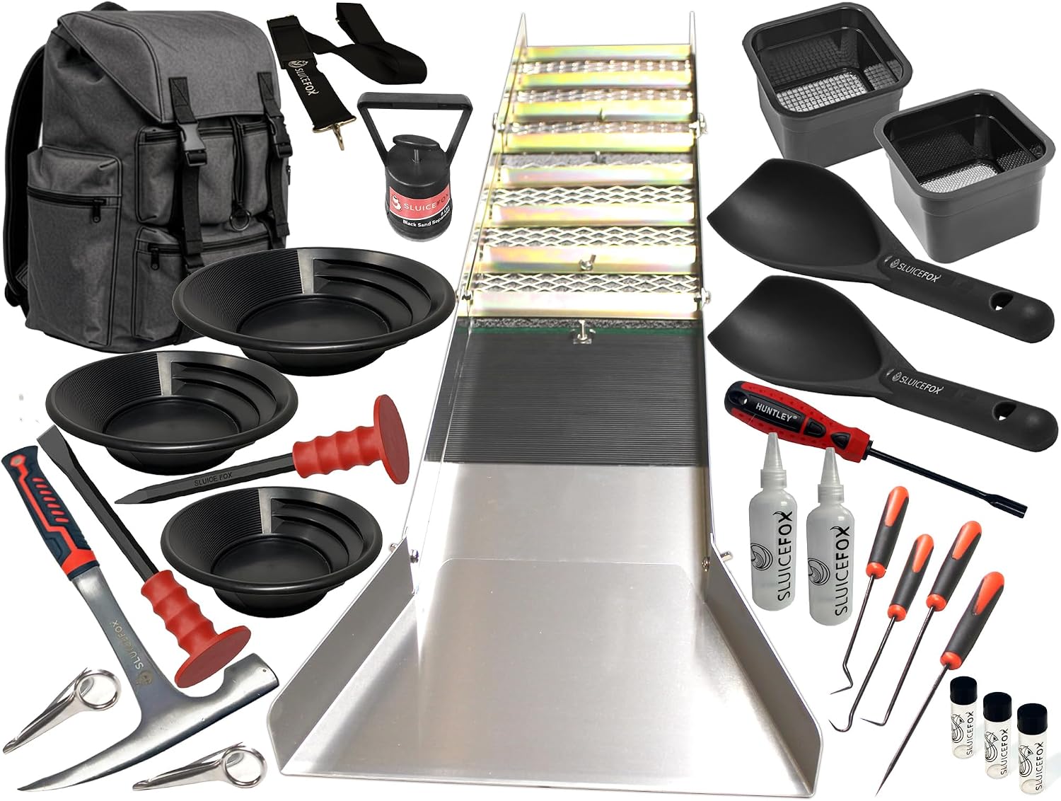 Complete Gold Mining Kit, Folding 50 inch River Sluice Box, Prospecting Equipment, Rock Pick Hammer, Gold Classifiers, Pay Dirt Scoop