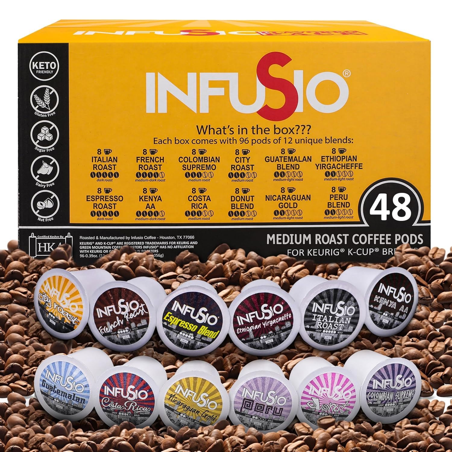 InfuSio Coffee Pods World Origins Variety Pack – 96 Count, 12 Blends Inspired by Colombia, Ethiopia, Kenya, Costa Rica & More, Medium & Dark Roast, Low Acid, Keurig Compatible