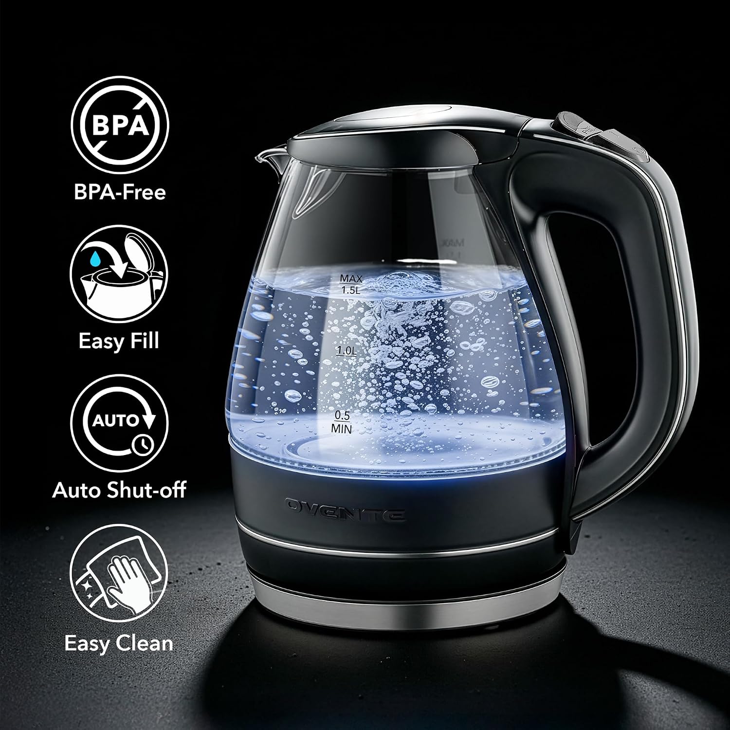 OVENTE 1.5L Glass Electric Kettle Water Boiler, Black KG83B | 1100W Fast Boiling, Borosilicate Glass, BPA-Free, Blue LED, Auto Shut-Off, Boil-Dry Protection, Removable Filter, 360° Base