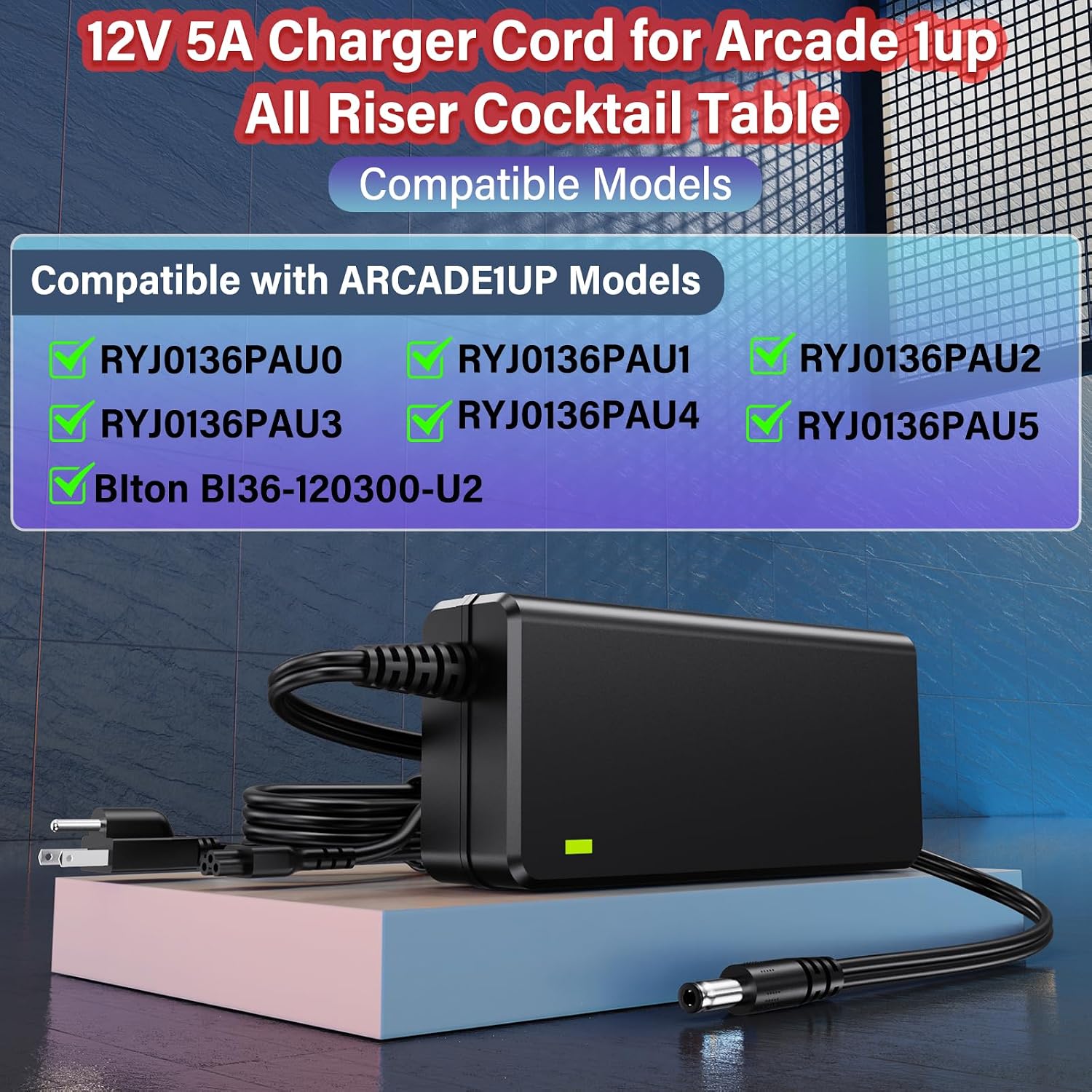 12V Charger for ARCADE1UP Riser Cocktail Table Arcade 1up Game Machine | Power Cord Adapter for Arcade1up RYJ0136PAU0 RYJ0136PAU1 RYJ0136PAU2