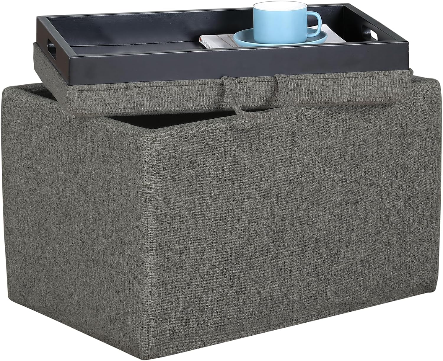 Convenience Concepts Designs4Comfort Accent Storage Ottoman 22.75" - Modern Foot Stool with Decorative Tray for Living Room, Dining Room, Office, Blue Faux Leather