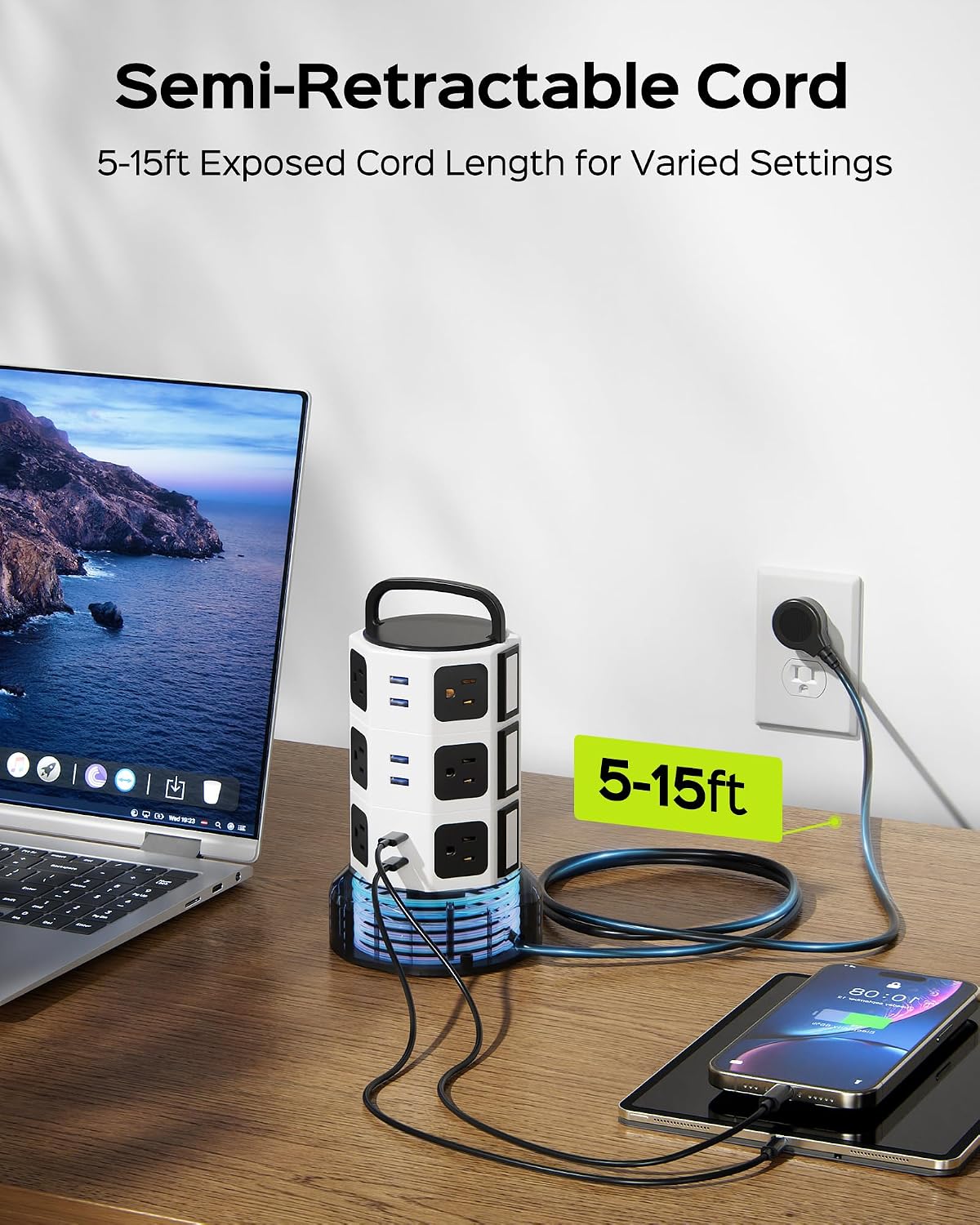 JACKYLED Power Strip Tower Surge Protector, 12 AC 6 USB (2 USB C), 1050J