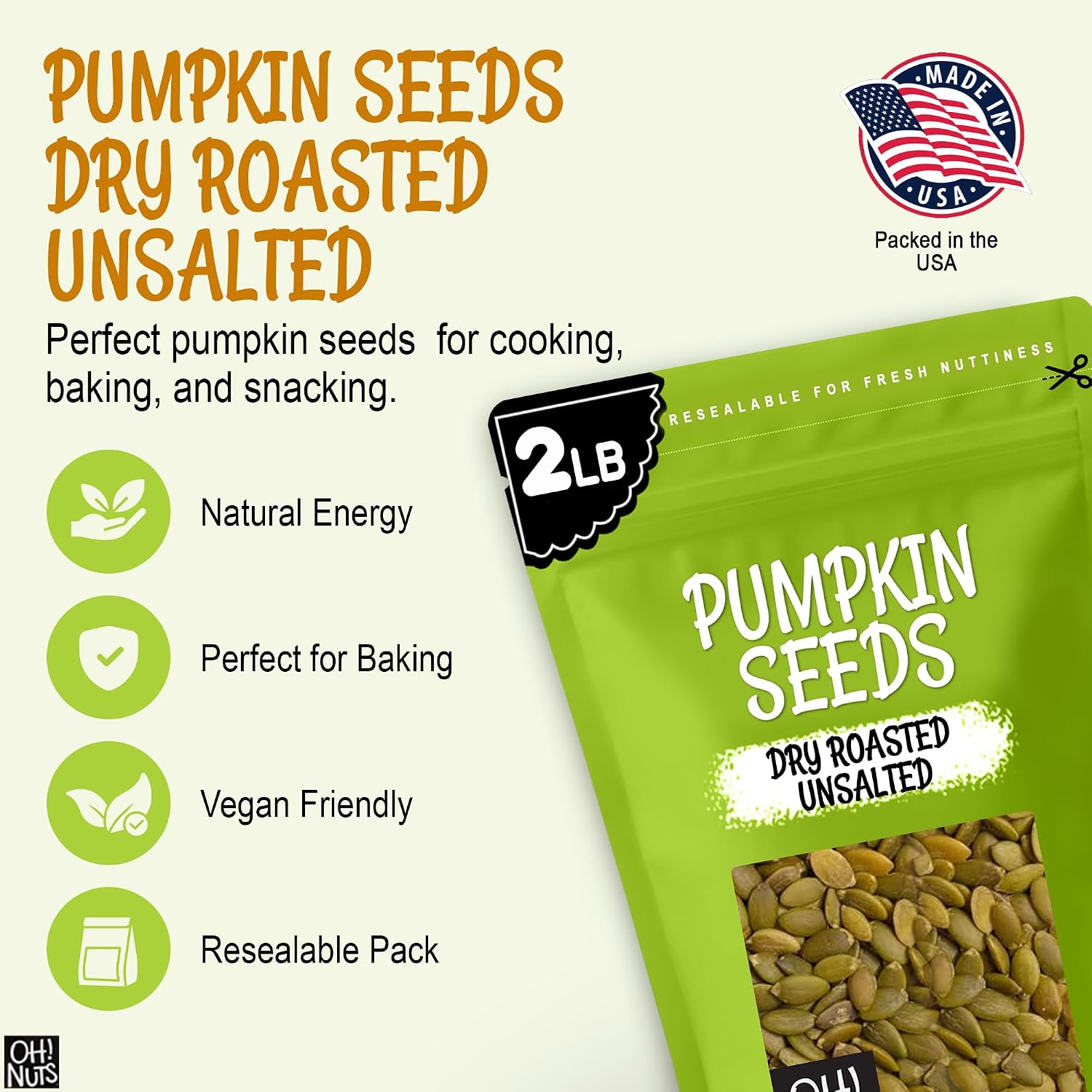 Oh! Nuts Pumpkin Seeds Roasted Unsalted 2lb Pepitas Dry Roasted Organic | Pumpkin seeds unsalted roasted - Pepitas protein power - Packed NY