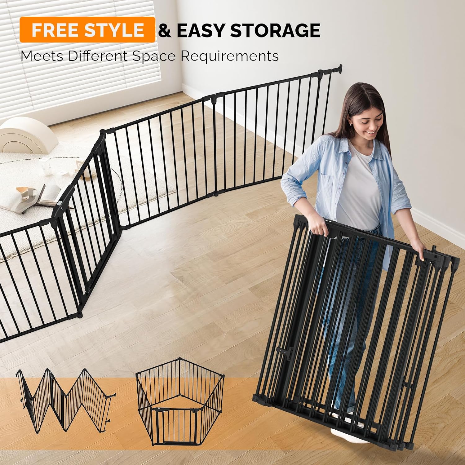 Bonnlo 134 Inches Wide Configurable Baby Gate, Fireplace Safety Fence/Guard, Adjustable 5-Panel Metal Play Yard for Toddler/Pet/Dog, Christmas Tree Fence, Includes 4 Pack of Wall Mounts, Black