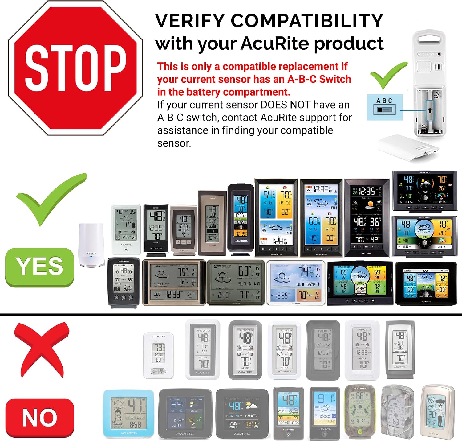 AcuRite Wireless Indoor Outdoor Temperature and Humidity Sensor with A-B-C Switch (06002M / 592TXR)