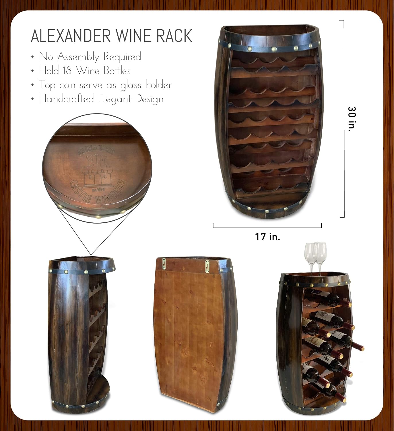 CoTa Global Alexander Wooden Barrel Wine Rack - 18 Bottles Wine Storage Rack, Wooden Rack Free Standing, Liquor Bar Shelf, Rustic Bottle Holder