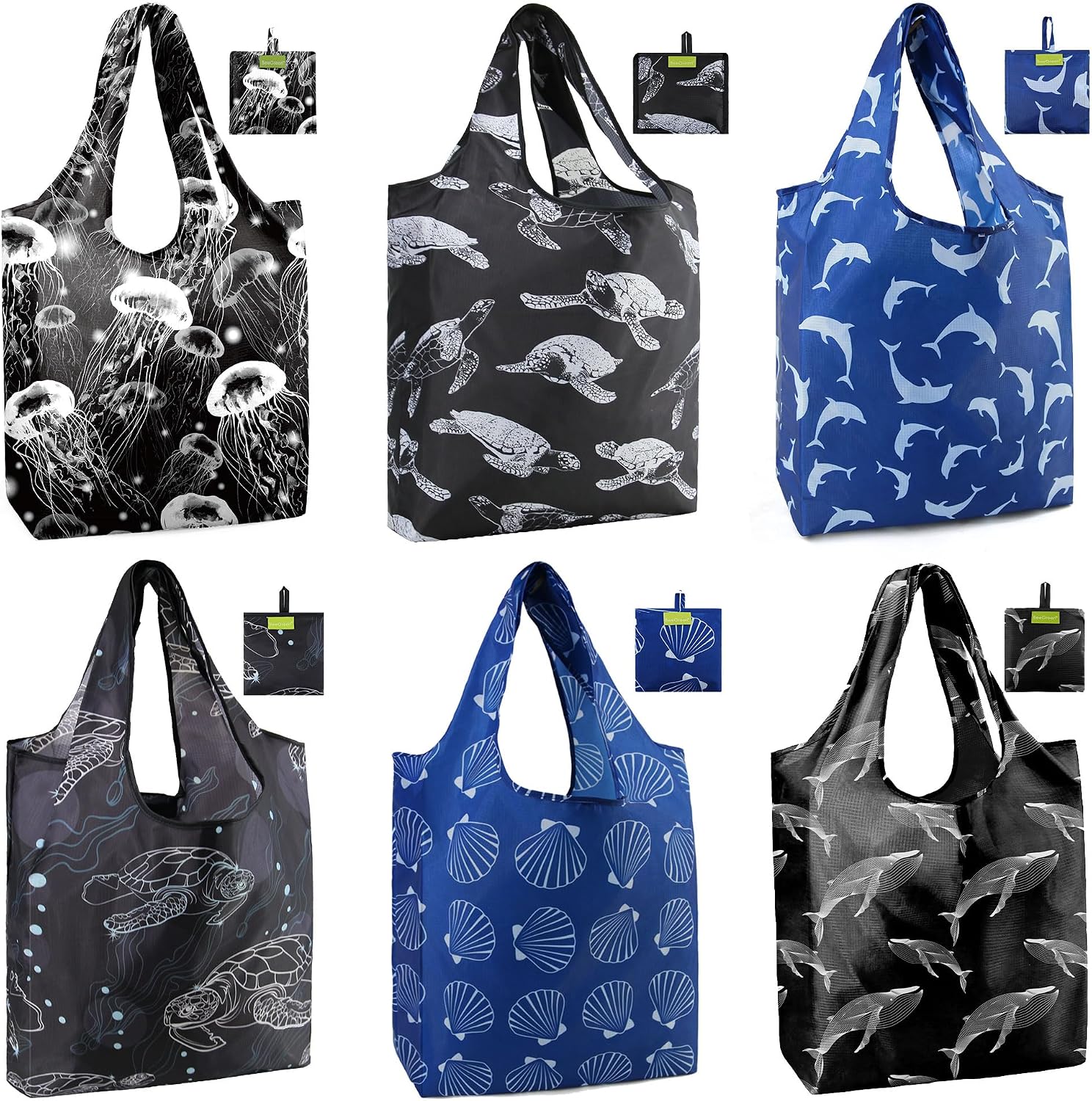 BeeGreen Grocery Bags | Reusable Gift Bags, Large Tote for Women & Foldable Beach Bag - 6 Pack Reusable Bag With Handles | Collapsible Cute Cloth Storage for Market, Holiday & Shopping | Washable​