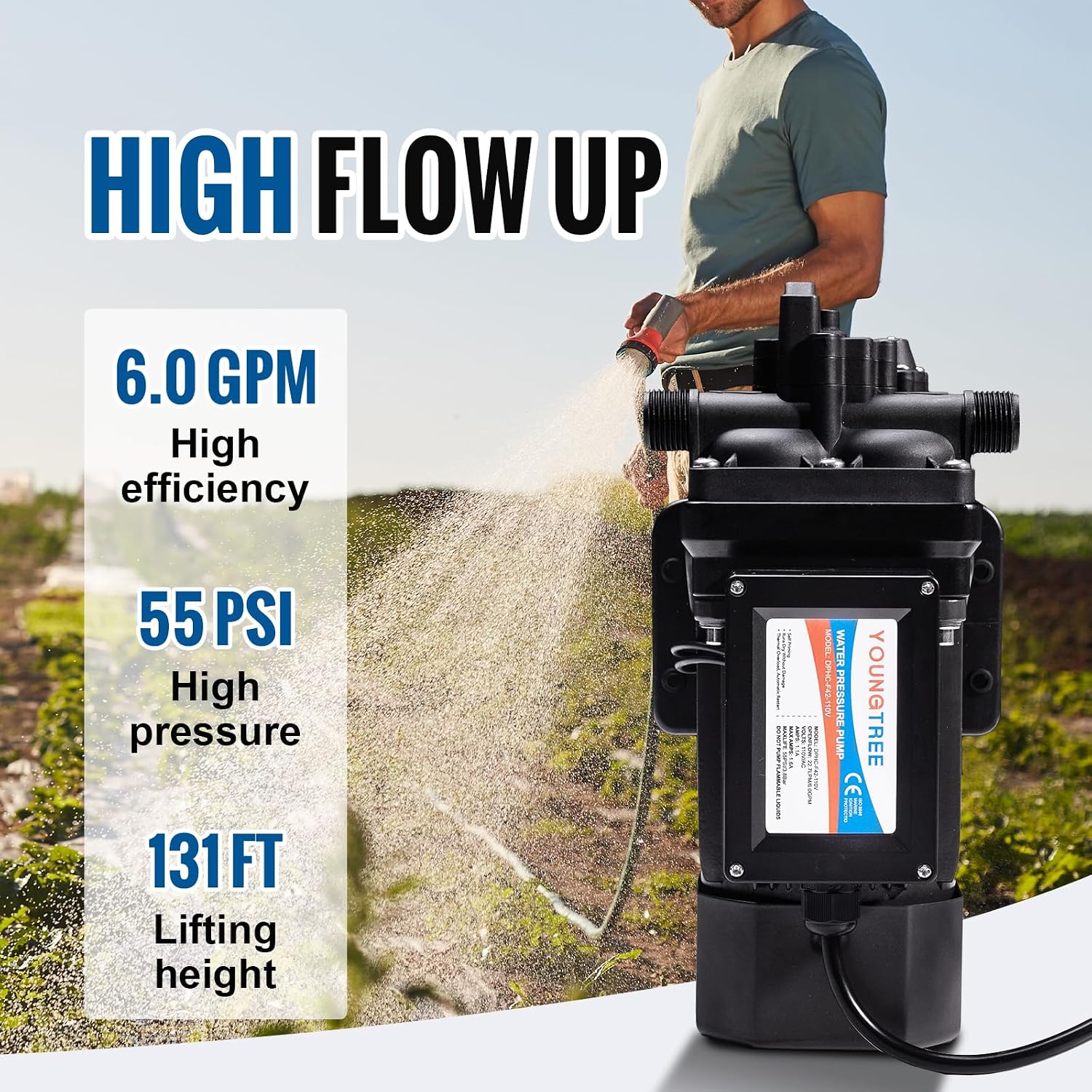 YOUNGTREE RV Water Pressure Diaphragm Pump 110V 4.0GPM 50PSI On Demand Fresh Water Transfer Pump 110Volt AC with Garden Hose Adapters for Irrigation Home Pool Draining Sprinkler