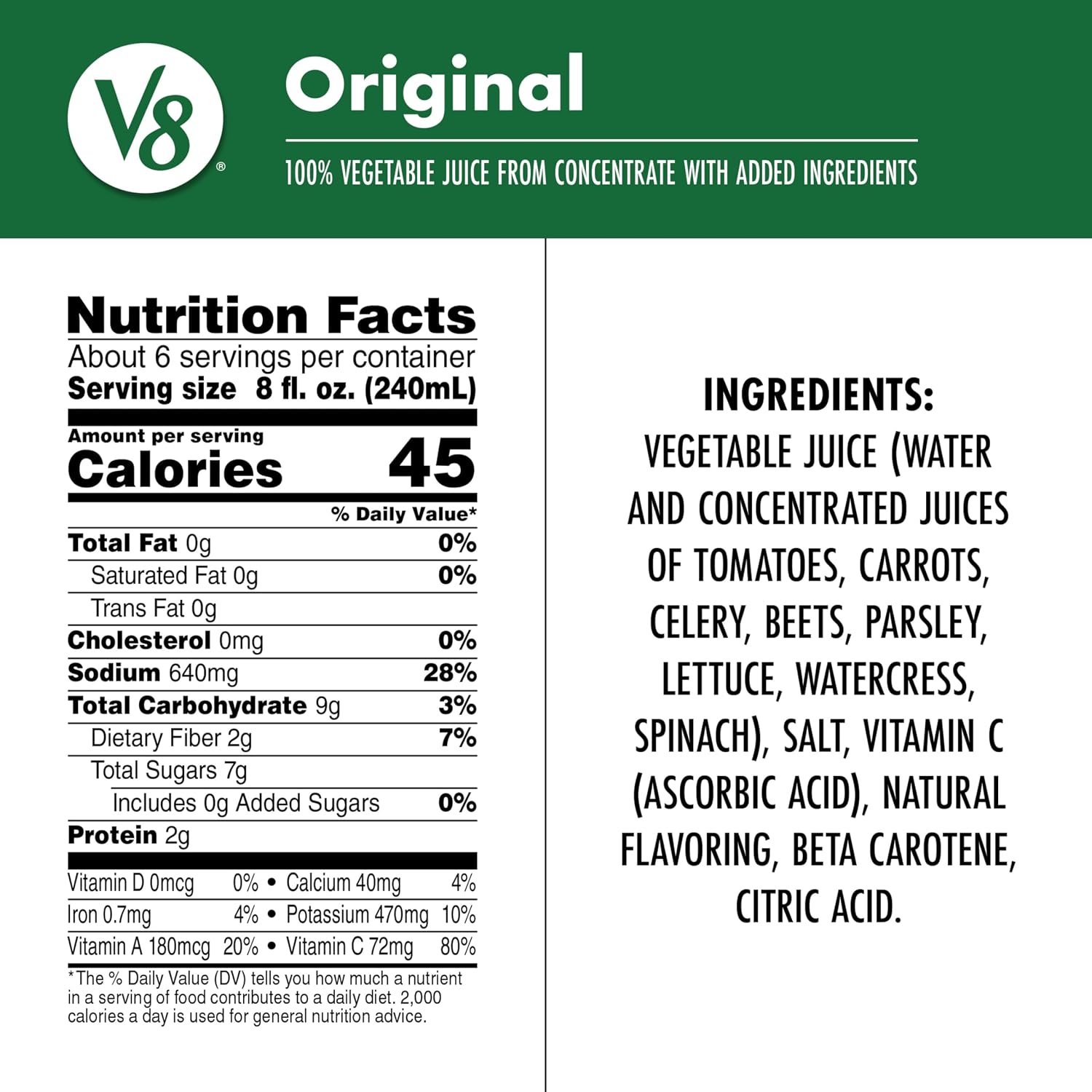 V8 Low Sodium Original 100% Vegetable Juice, 11.5 fl oz Can (24 Pack)