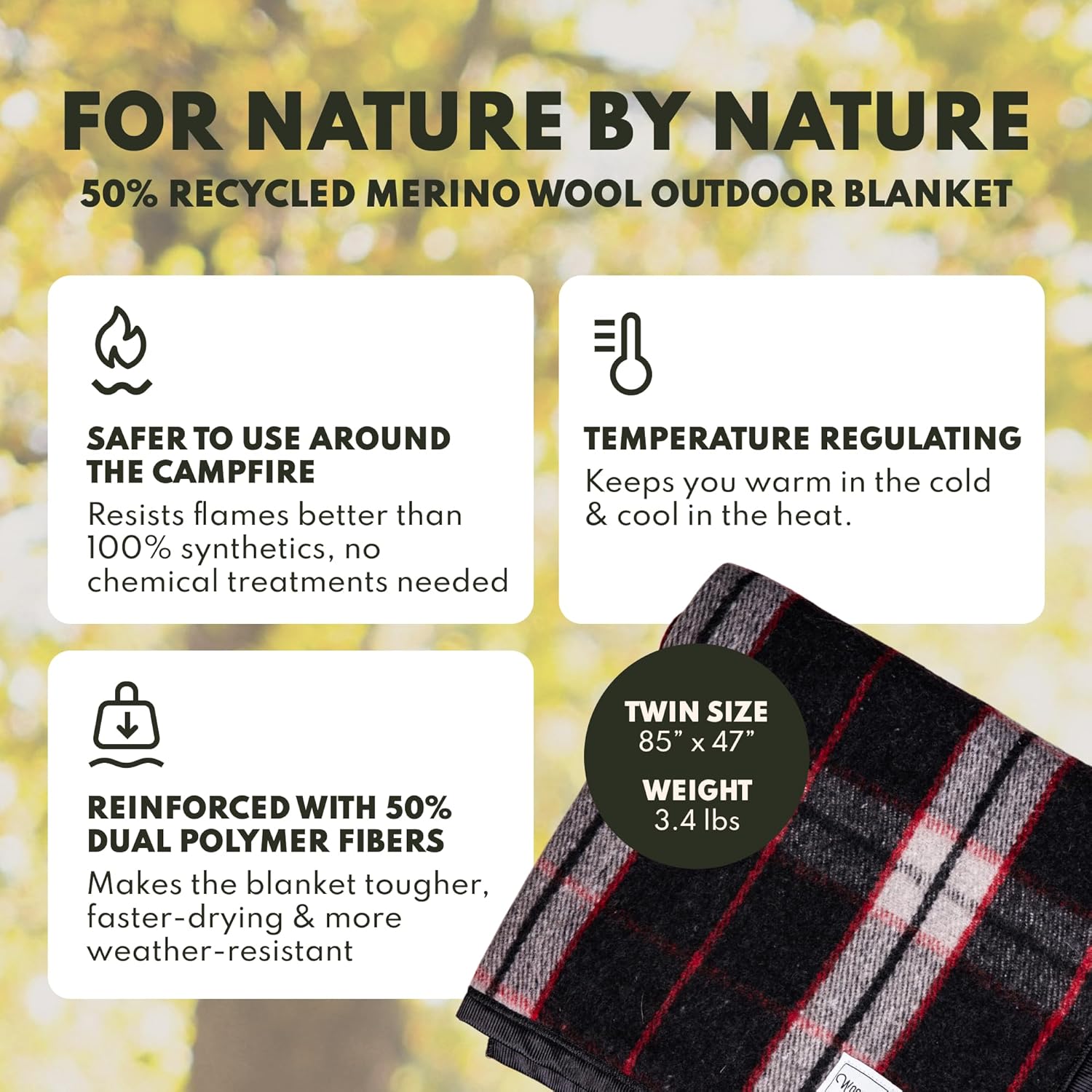 Woolly Mammoth Woolen Company Merino Wool Blanket, 66" x 90" Moss | Temperature Regulating - Fire-Resistant - Warm Camping Blanket for Car Emergency Kits, Picnics, Summer Festivals and Stadiums