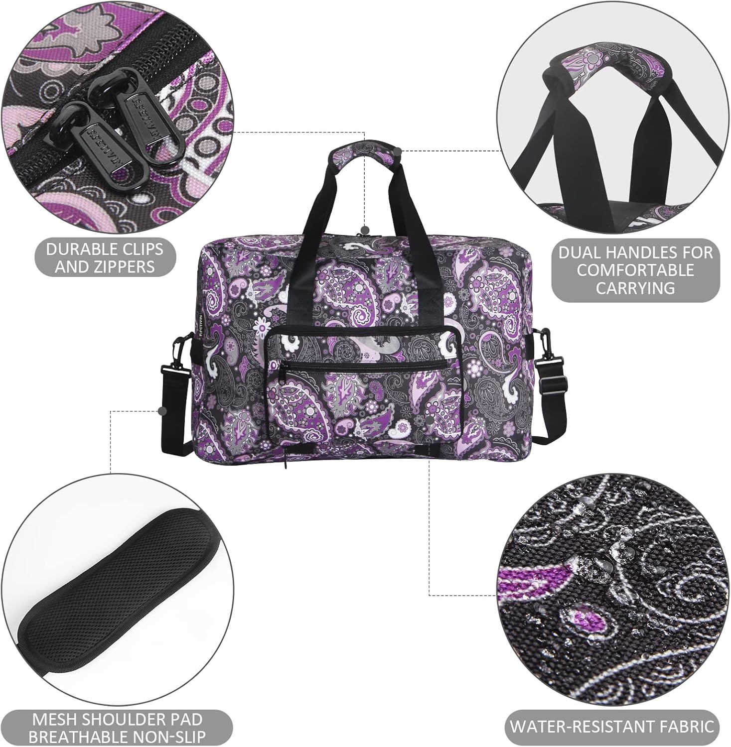 Travel Foldable Waterproof Duffel Bag - Lightweight Carry on Luggage Tote Duffel Bag(Black Floral)
