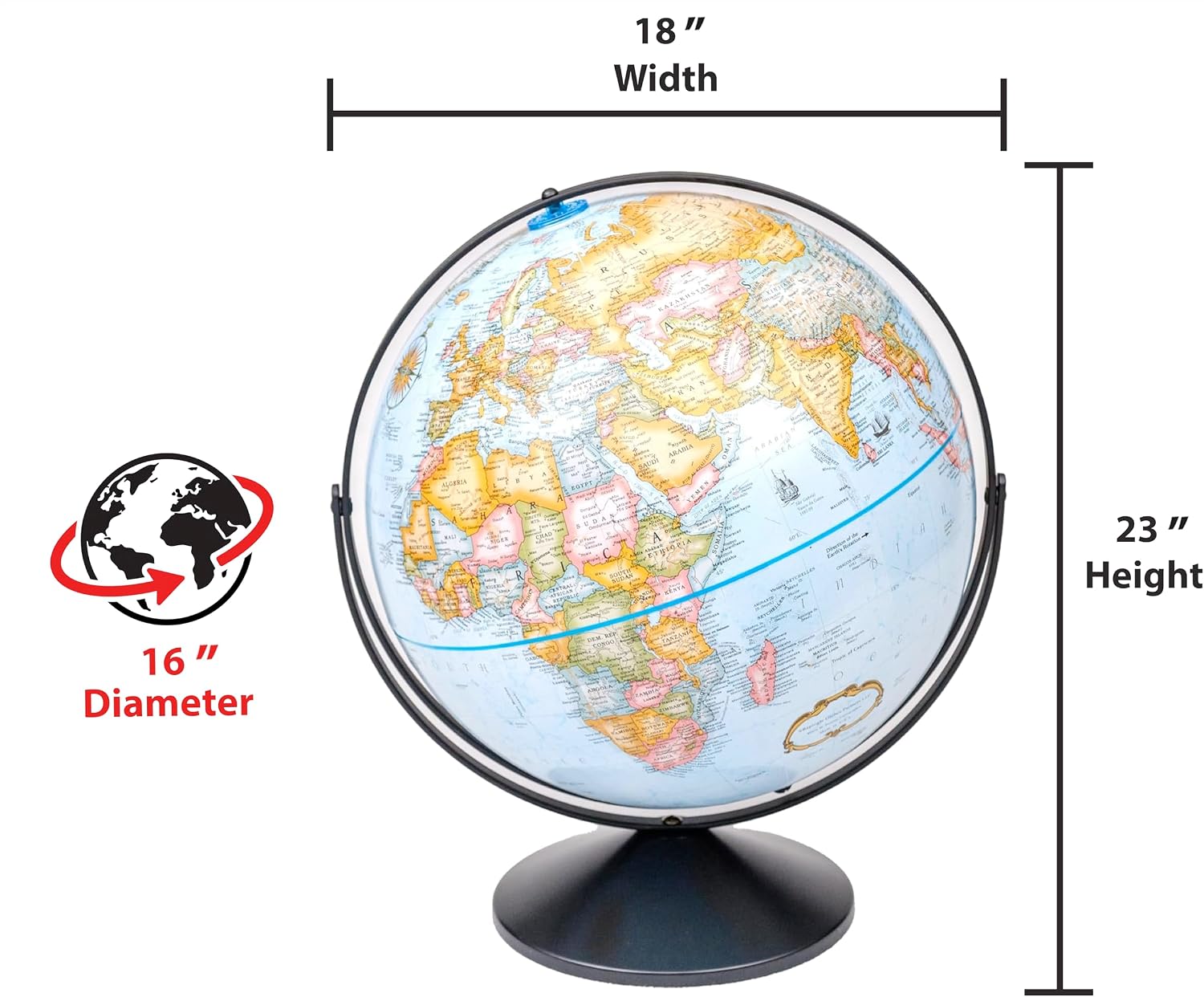 Replogle Eureka 16 inch desktop globe with up to date antique raised relief map and full swing gyromatic assembly. The beautiful antique ocean product has vast amounts of up-to-date information will pique the interest of any geographical connoisseur of a…
