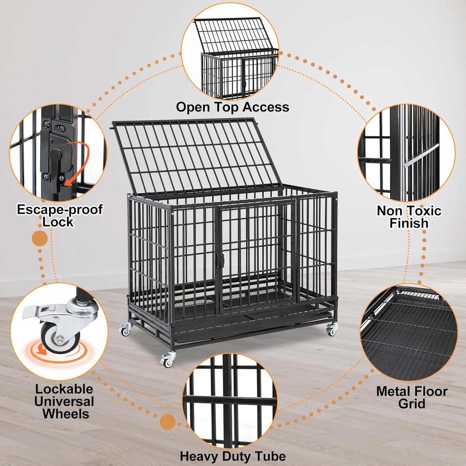 Homey Pet Taller 43" Heavy Duty Double Dog Crates with Divider & Dual Door | Drop Cage for Dogs with Lockable Wheels, Bowls, Removable Tray, Top Access, Ideal for Small to Medium & Large Dogs, Breeders
