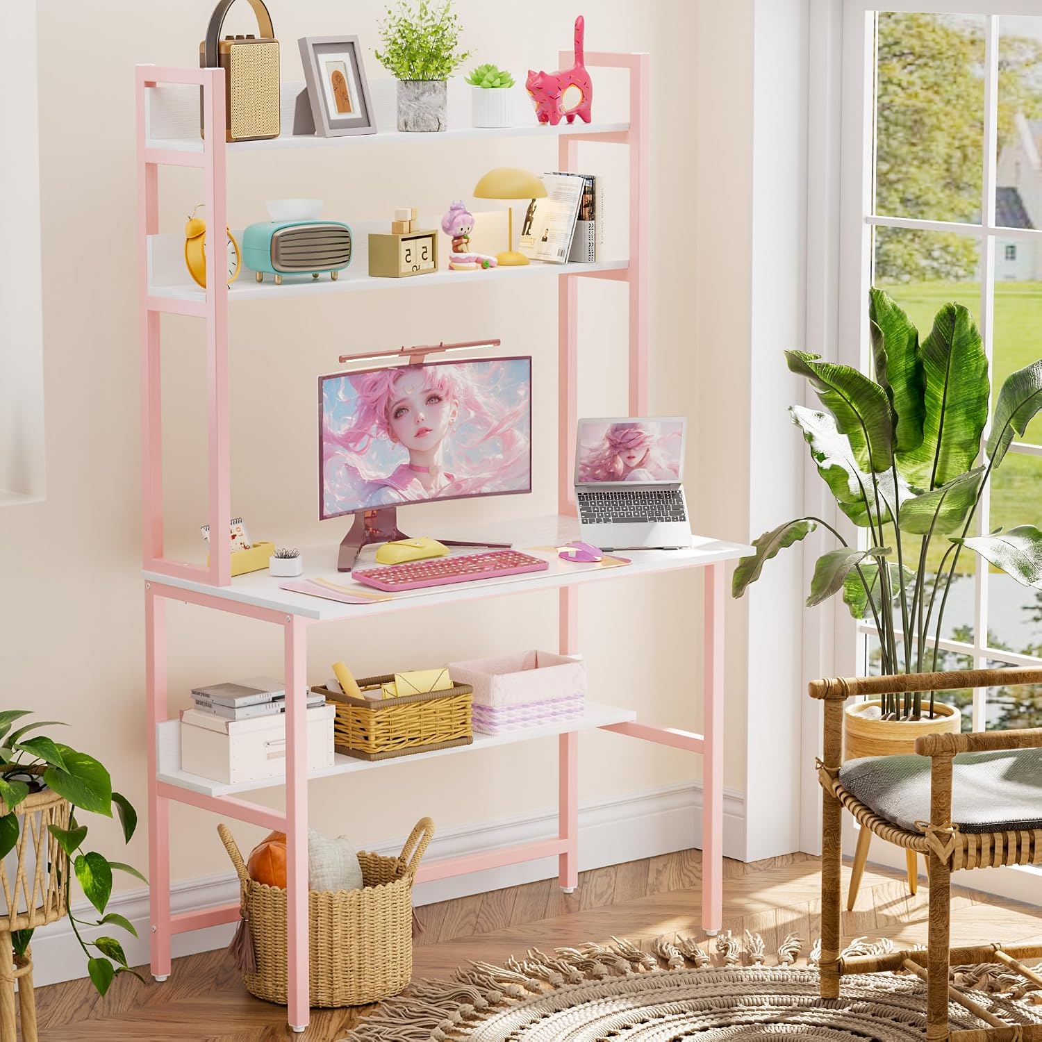 Aquzee Computer Desk with Shelves, 47" W x 23.6" D Gaming Desk with Hutch and Bookshelf