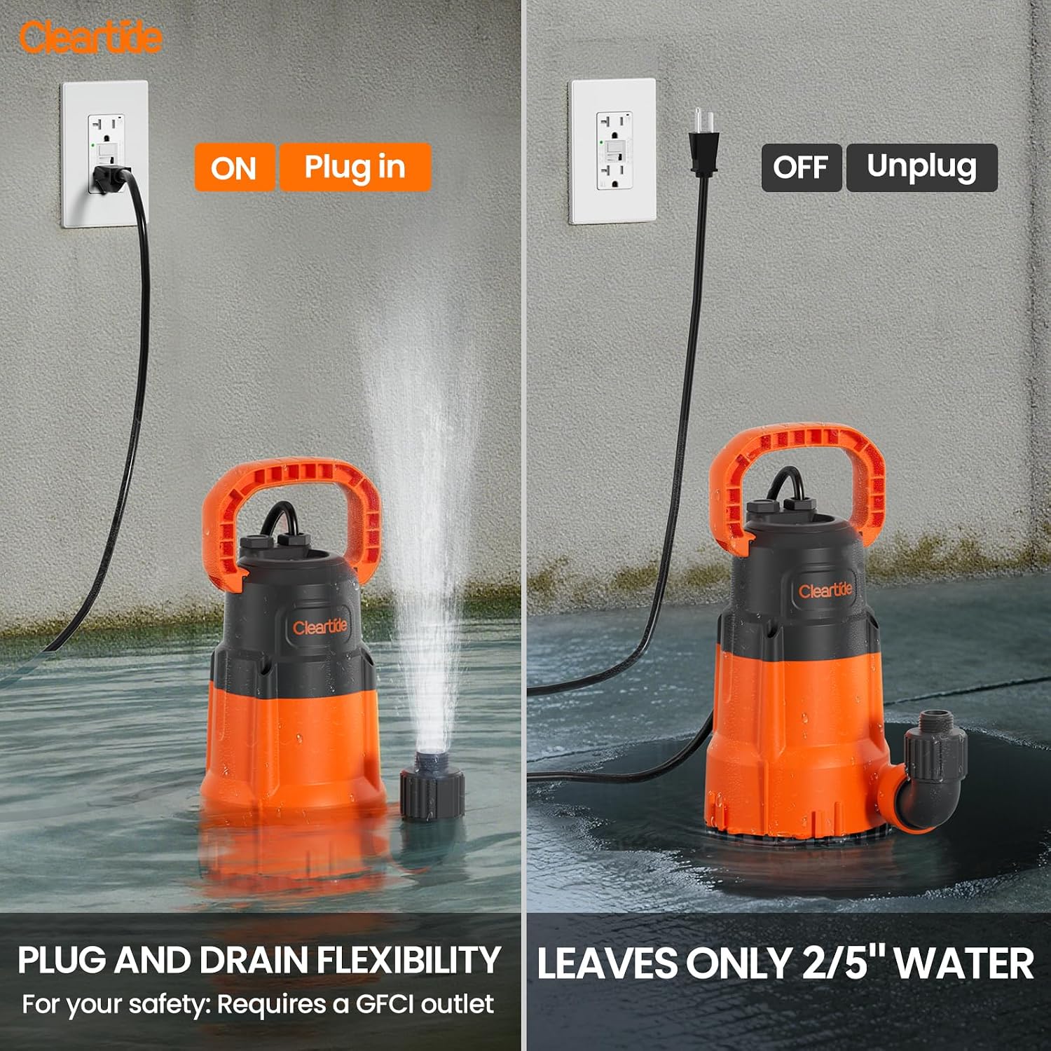 Submersible Utility Water Pump, 2400 GPH Portable Sump Pump with Copper Motor, Plug and Work for Pond, Garden Watering, Pool Transfer, Hot Tub Emptying