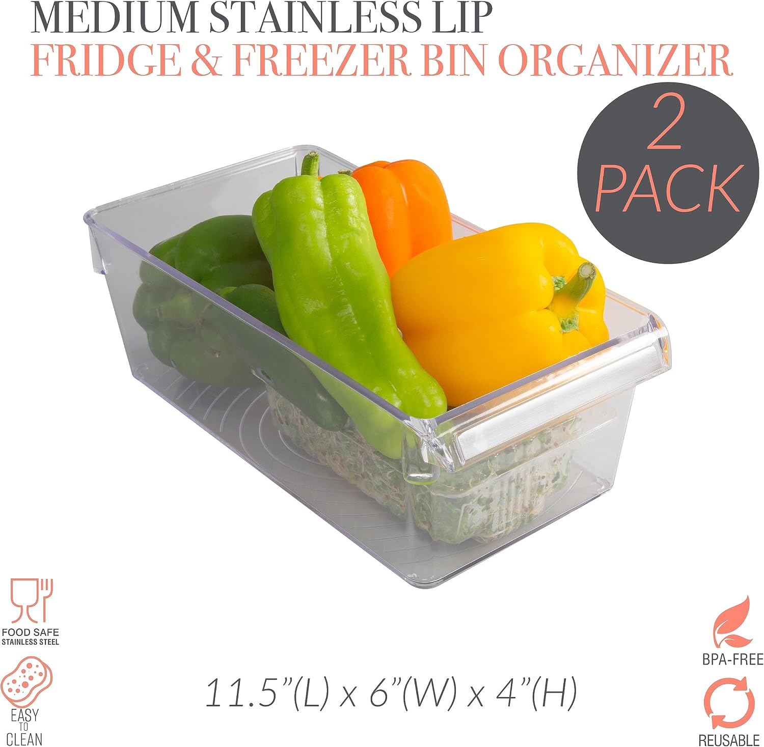 Kitchen Details 2 Pack Medium Refrigerator Storage Bin | Fridge & Freezer | Kitchen Organization | Stainless Steel Handle | Countertop | Cabinets