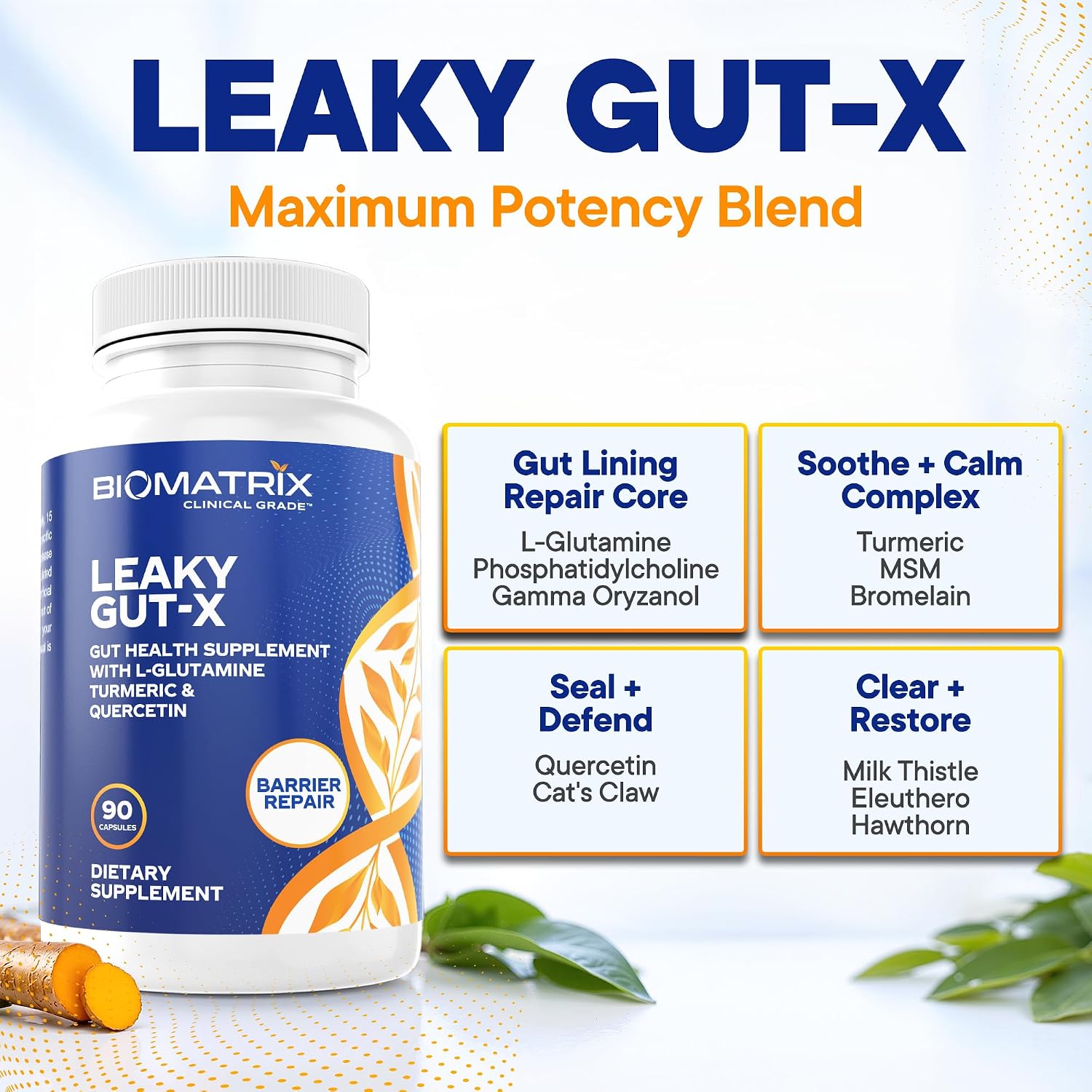 BioMatrix Leaky Gut Repair Supplement w/Glutamine, Quercetin, Cat's Claw, MSM, SIBO, Prebiotic Support