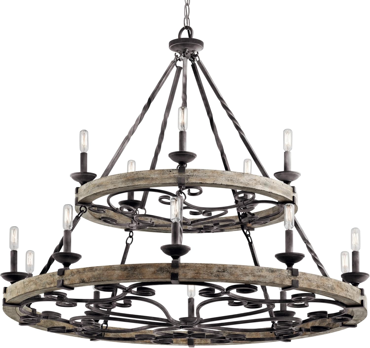 Kichler Taulbee 15-Light 2-Tier Chandelier, Weathered Zinc | Two-tier chandelier with weathered gray wood accents (44" x 38.75"), 43826WZC
