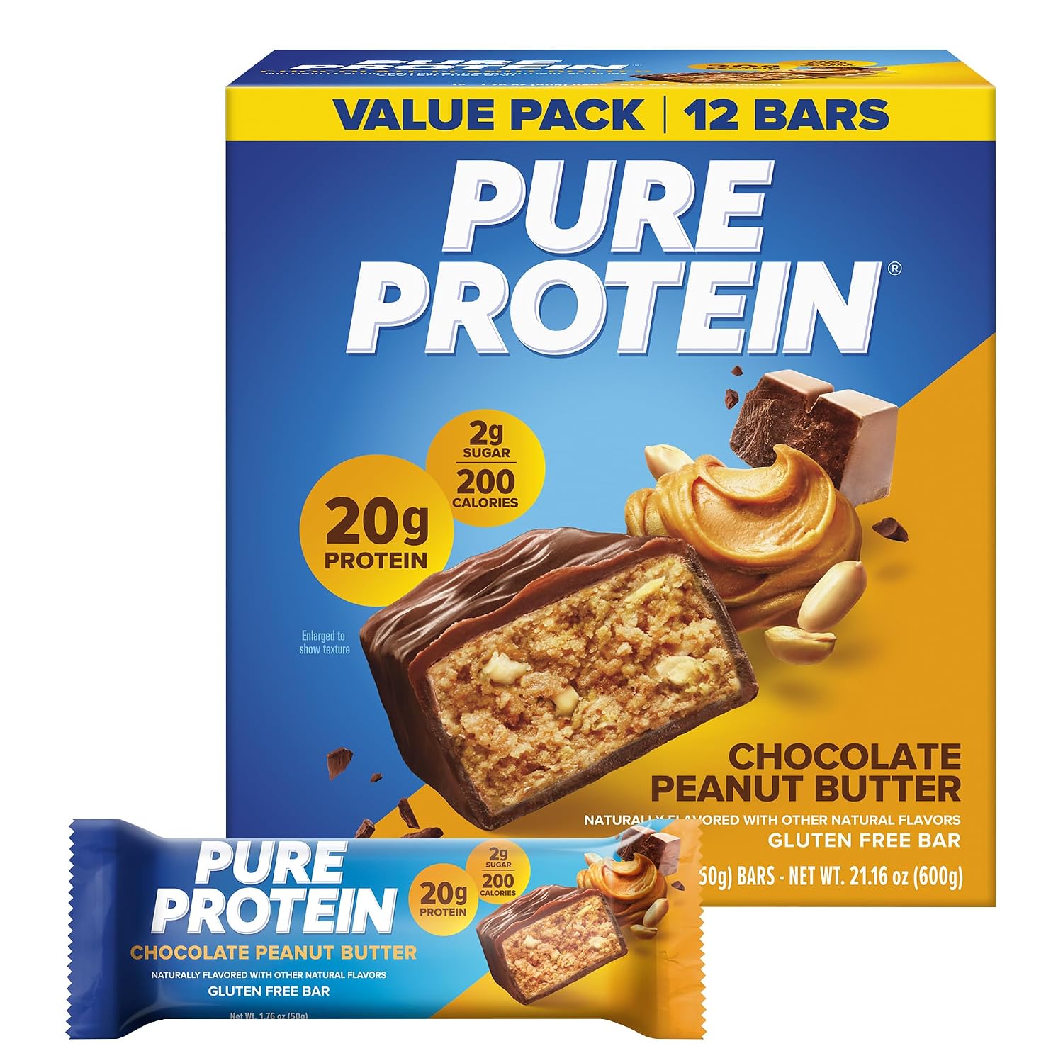 Pure Protein Chocolate Deluxe Protein Bars, 21g Protein, Gluten Free, 12 Ct