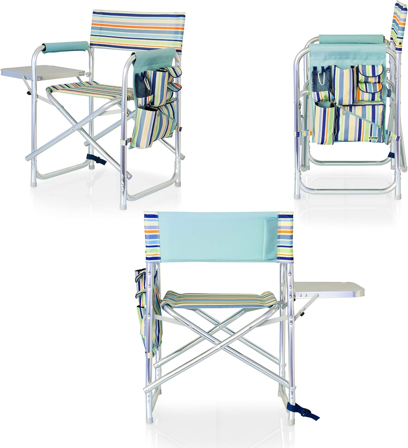 PICNIC TIME Sports Chair with Side Table and Armrest Caddy, Lightweight Aluminum Folding Outdoor Camping Chair for Adults, Portable Director Style Lawn Seating with Pockets & Carry Strap, (Navy Blue)