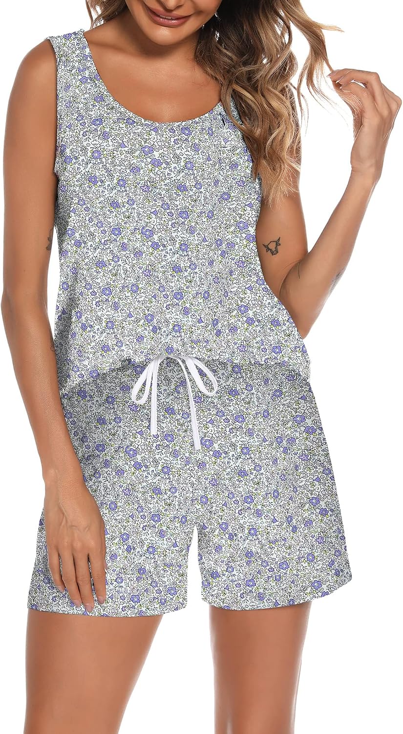 ENJOYNIGHT Womens Pajama Set Cotton Summer Sleep Tank and Shorts Pjs