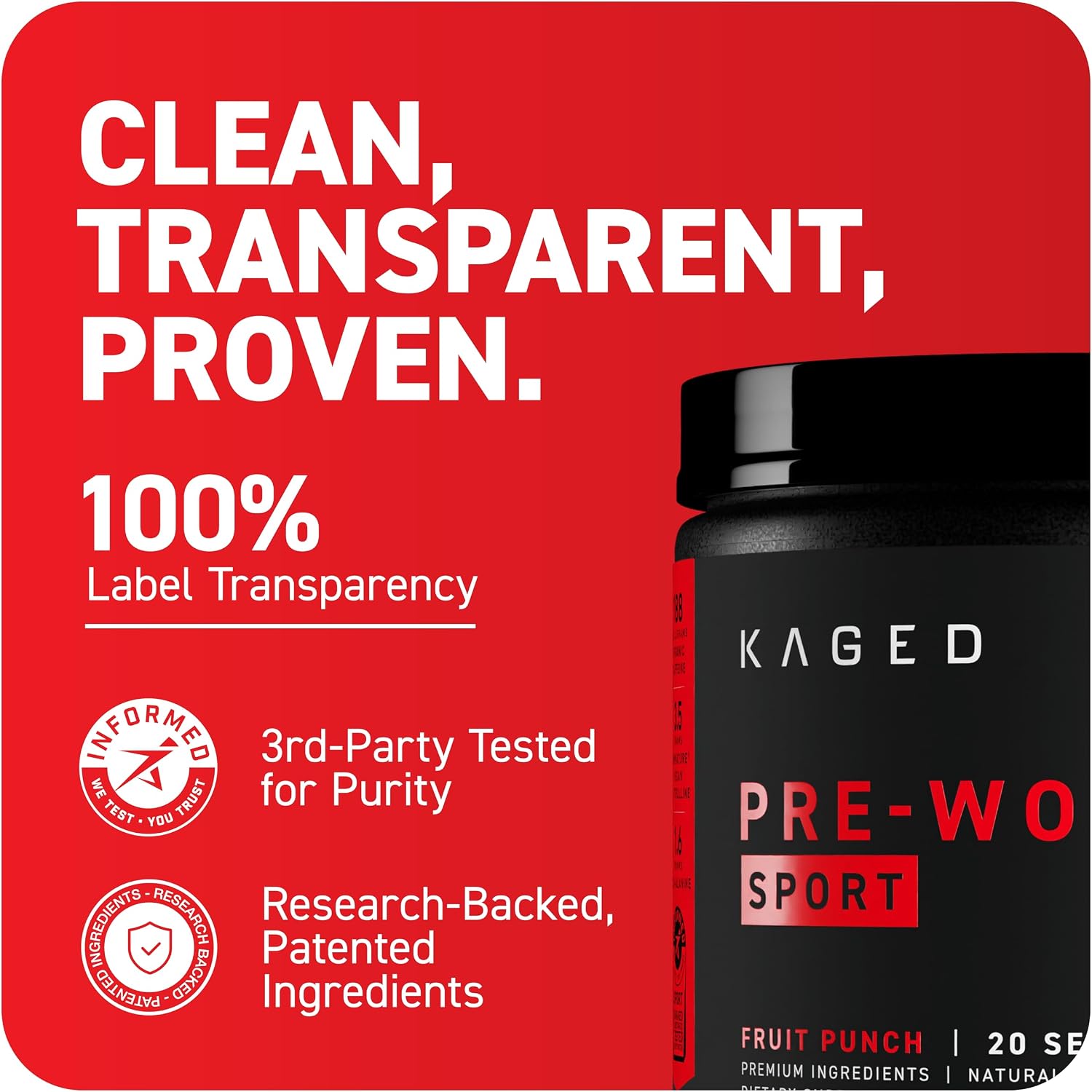 Kaged Sport Pre Workout Powder for Men & Women, Mango Lime, Sport Certified, 188mg Caffeine, Nitric Oxide Supplement, Beta Alanine for Energy