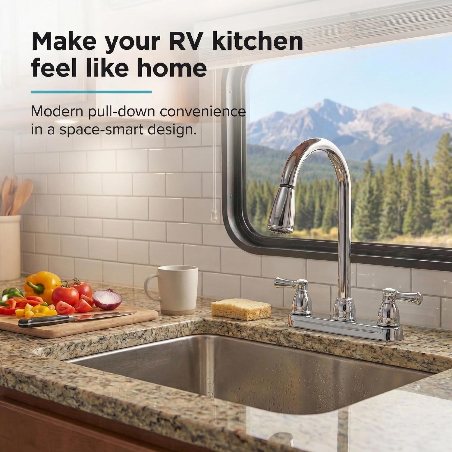 Dura Faucet DF-PK350L-SN RV Pull-Down Kitchen Sink Faucet (Satin Nickel) | Stream-to-spray sprayer with a corrosion-resistant non-metallic build. Brushed Satin Nickel. Plated ABS plastic (not metal).