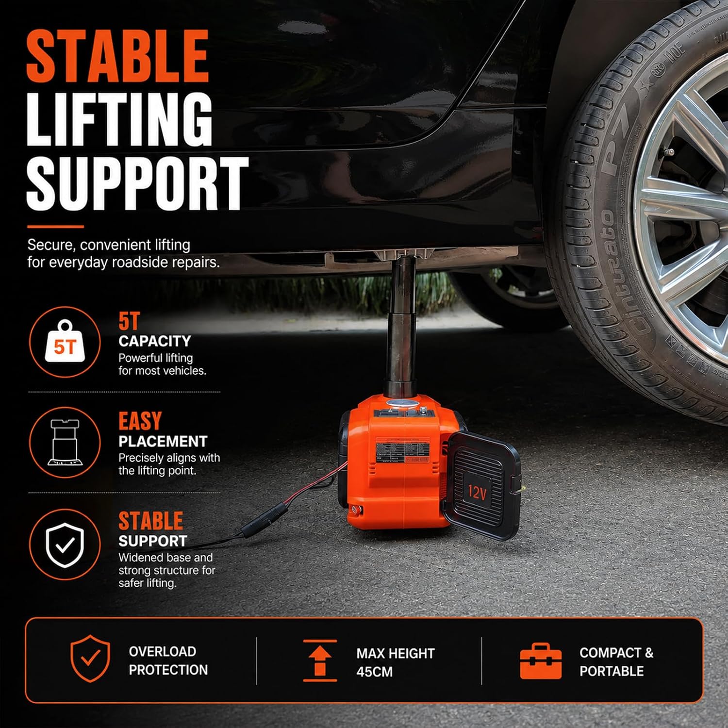E-HEELP Electric Car Jack Kit 5 Ton 12V with Impact Wrench, 6.1-17.7 in