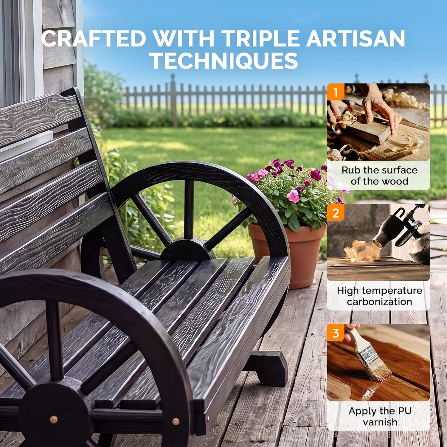 VINGLI Rustic Wooden Wheel Bench Outdoor Bench, Patio Bench Wagon Slatted Seat, Garden Benches for Outdoors 350lbs High Capacity