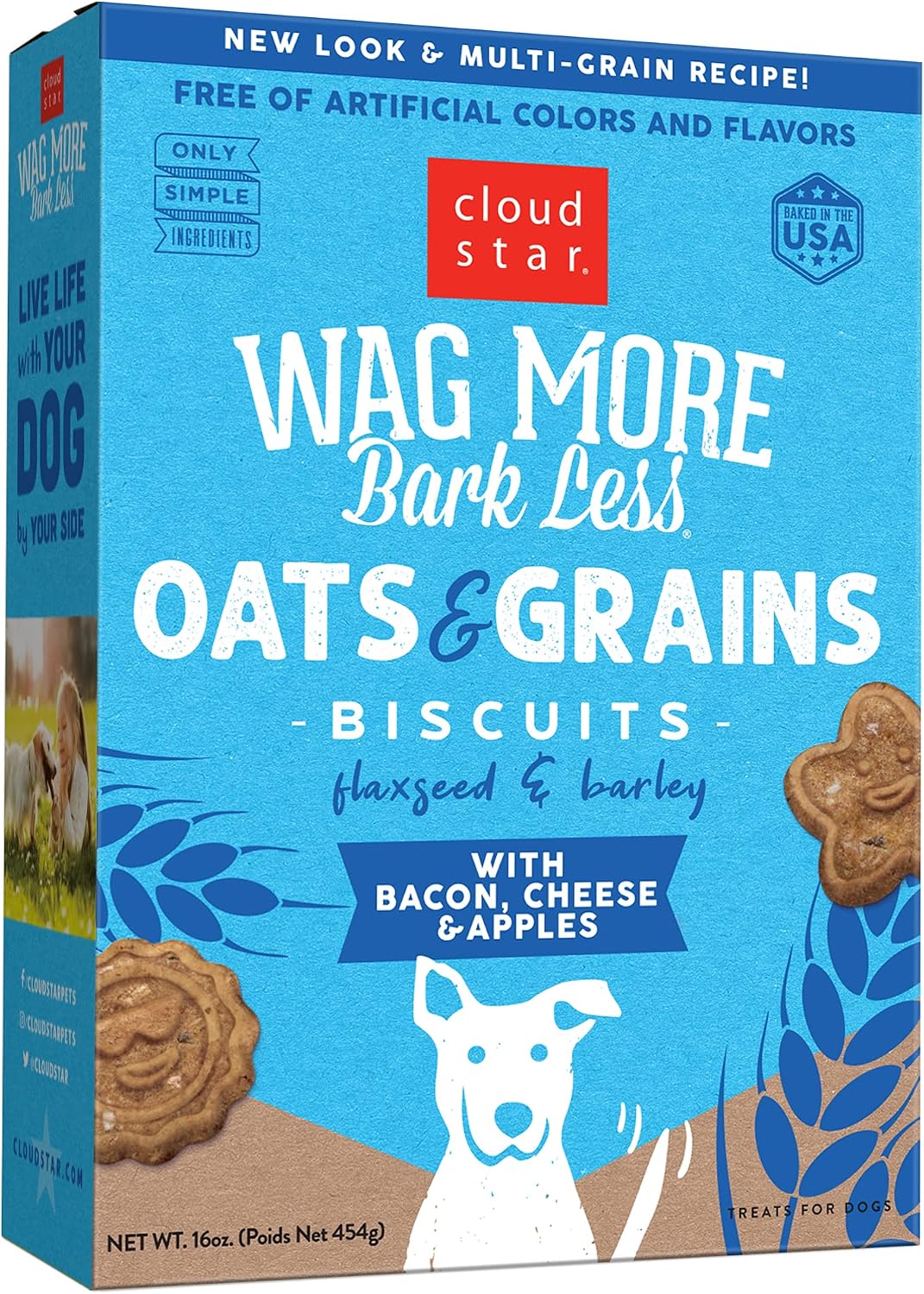 Cloud Star Wag More Bark Less - Dog Treats - Crunchy Biscuits - Oats & Grains Bacon, Cheese & Apples - 16 oz Box