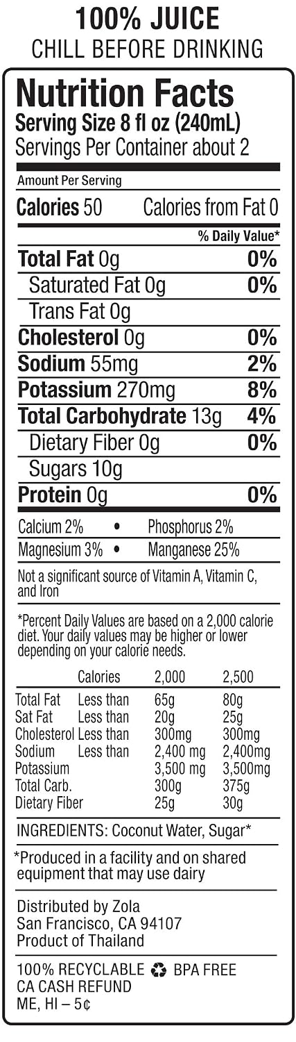 Zola 100% Pure Coconut Water, 17.5 Fl Oz (Pack of 12)