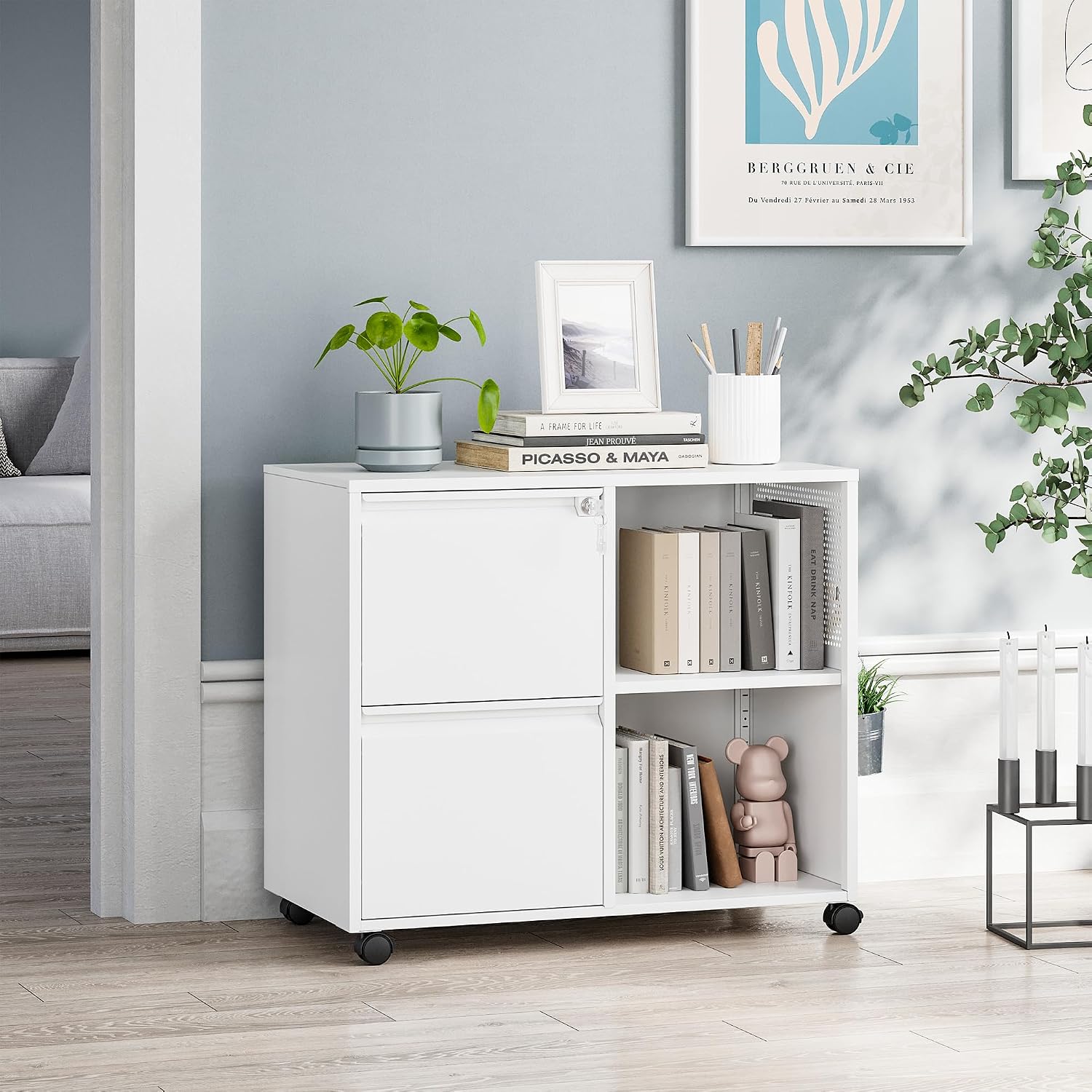 MIIIKO 3 Drawer File Cabinet with Lock, Metal Lateral Rolling Printer Stand Filing Cabinets for Home Office Storage,A4, Letter,File Folders(White)